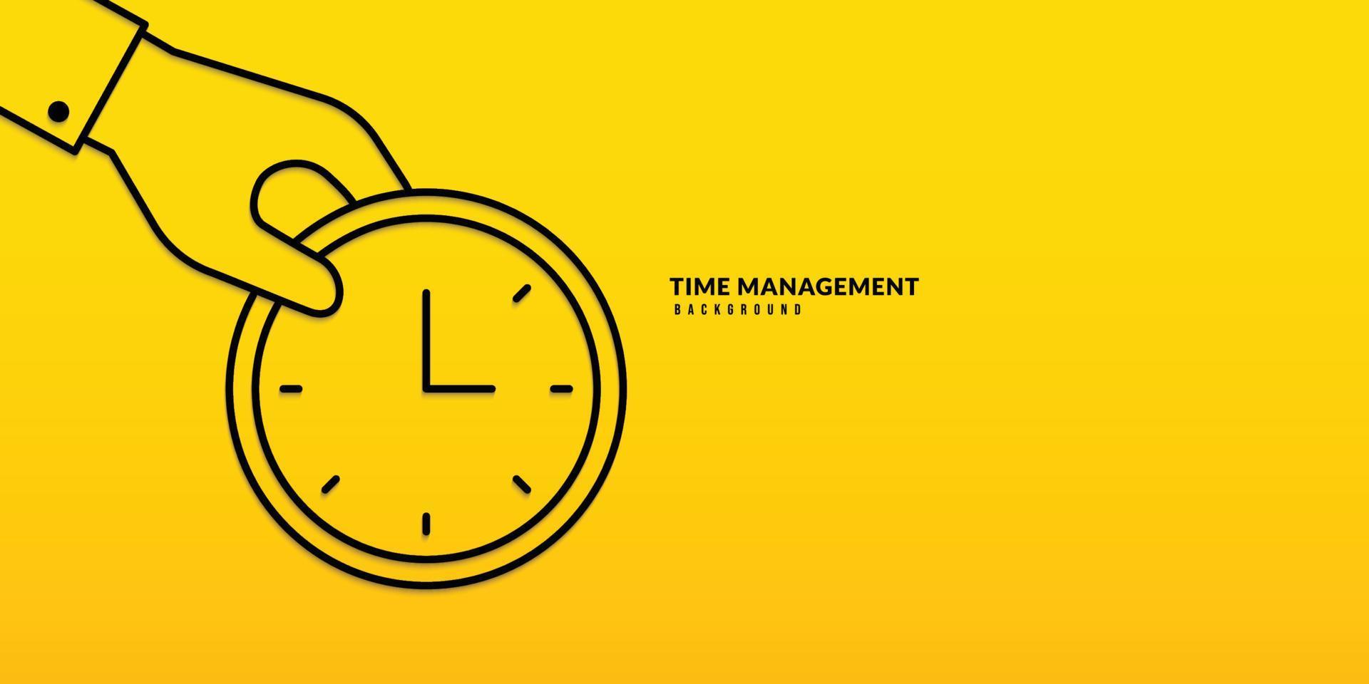 Hand holding clock thin line drawing  background. Time management and Self organization concept vector