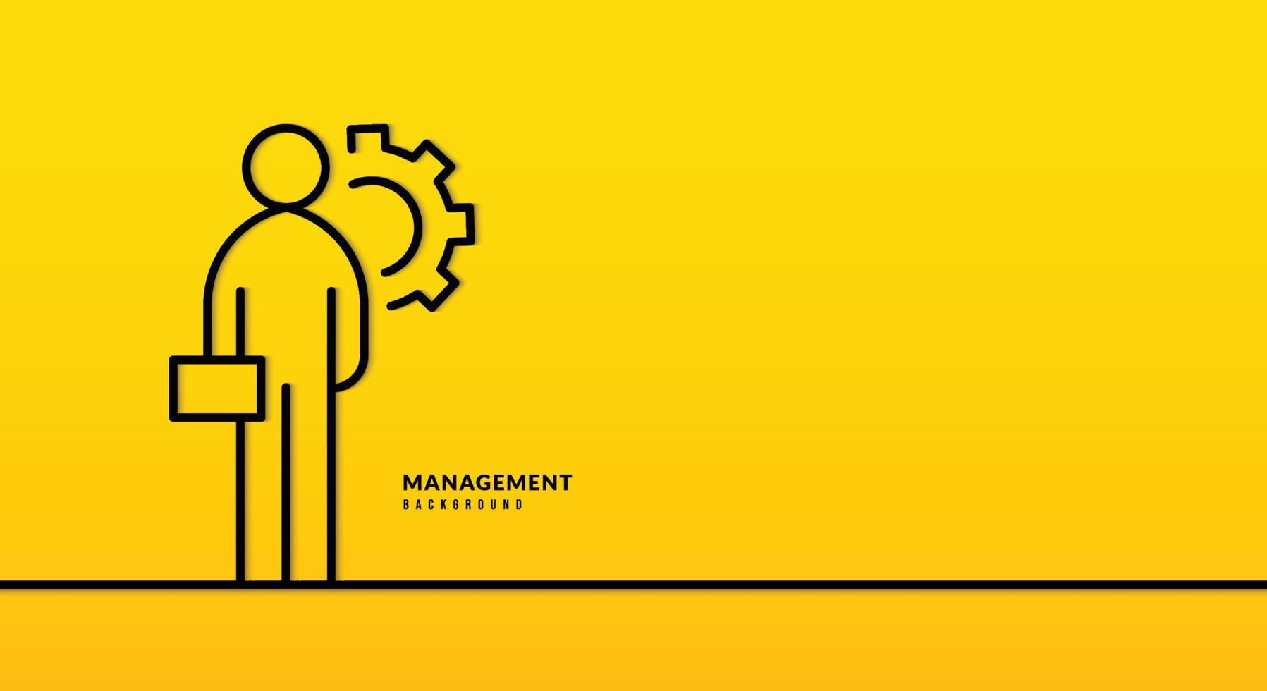 Businessman standing with setting icon on yellow background. Project management and processing concept. Business planning and strategy vector