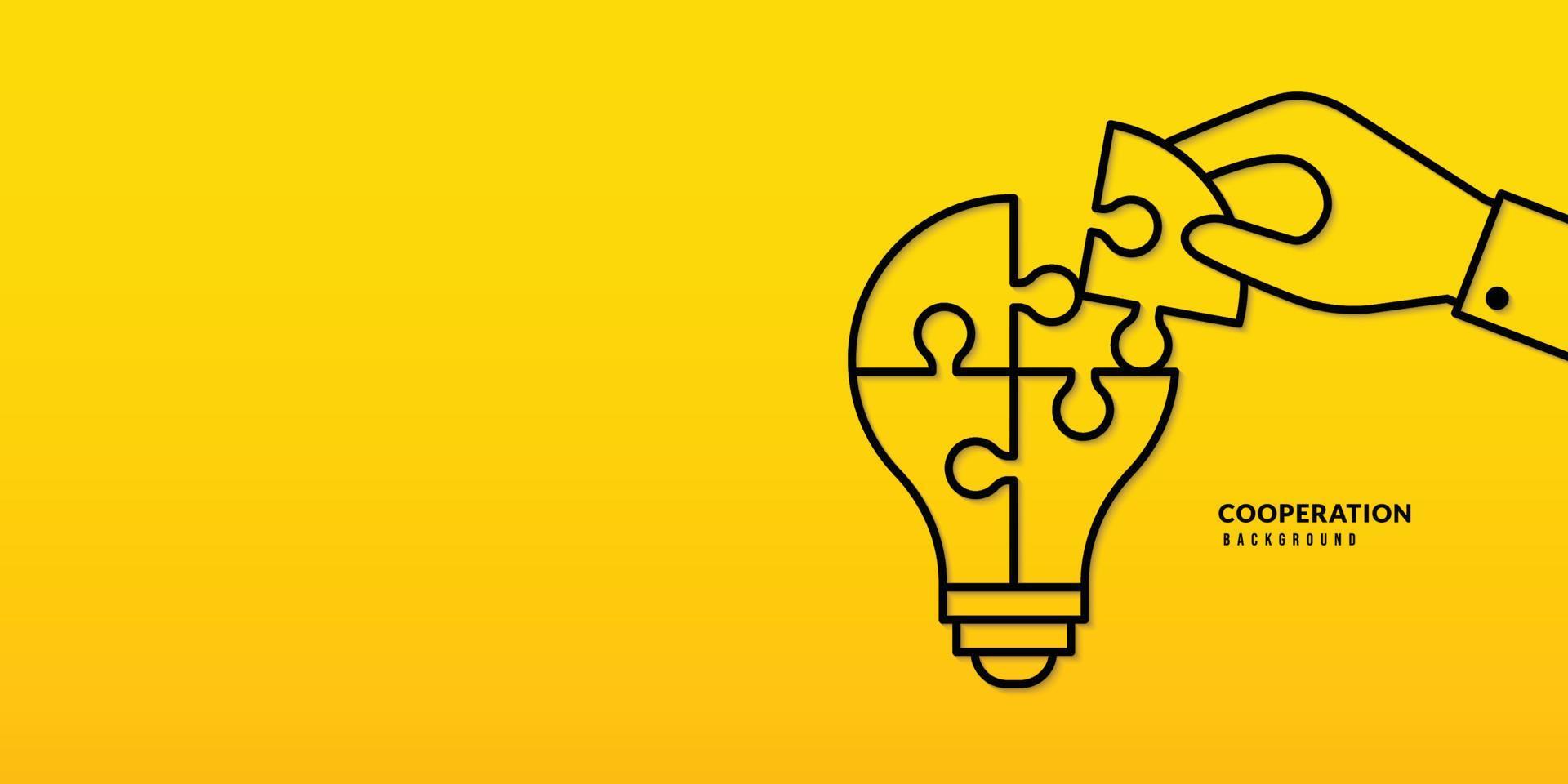Hand holding  jigsaw puzzle on yellow background, Business solutions, cooperation and teamwork concept. Co-worker planning and strategy vector