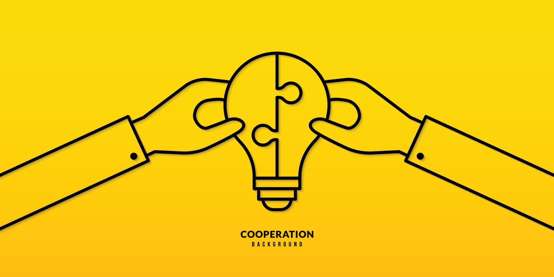 Hand holding  jigsaw puzzle on yellow background, Business solutions, cooperation and teamwork concept. Co-worker planning and strategy vector