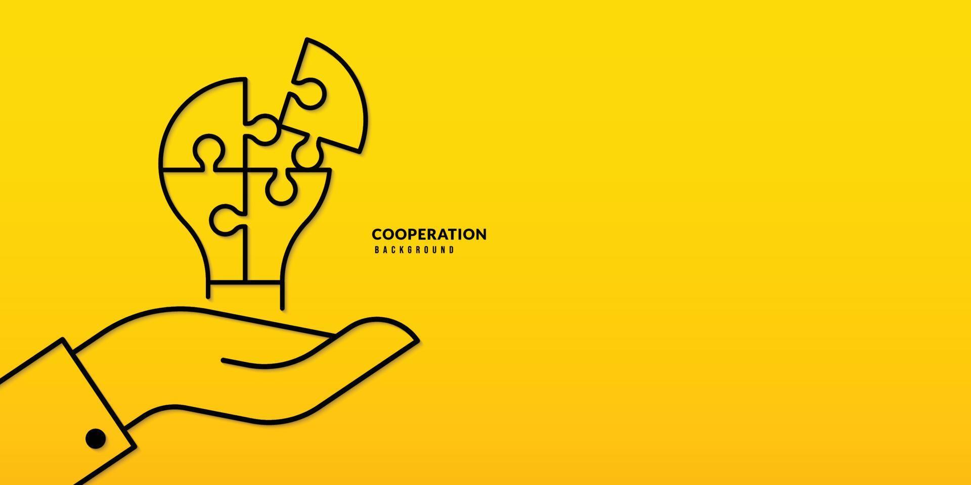 Hand hold jigsaw puzzle lightbulb on yellow background, Business solutions, cooperation and teamwork. Idea and success concept vector