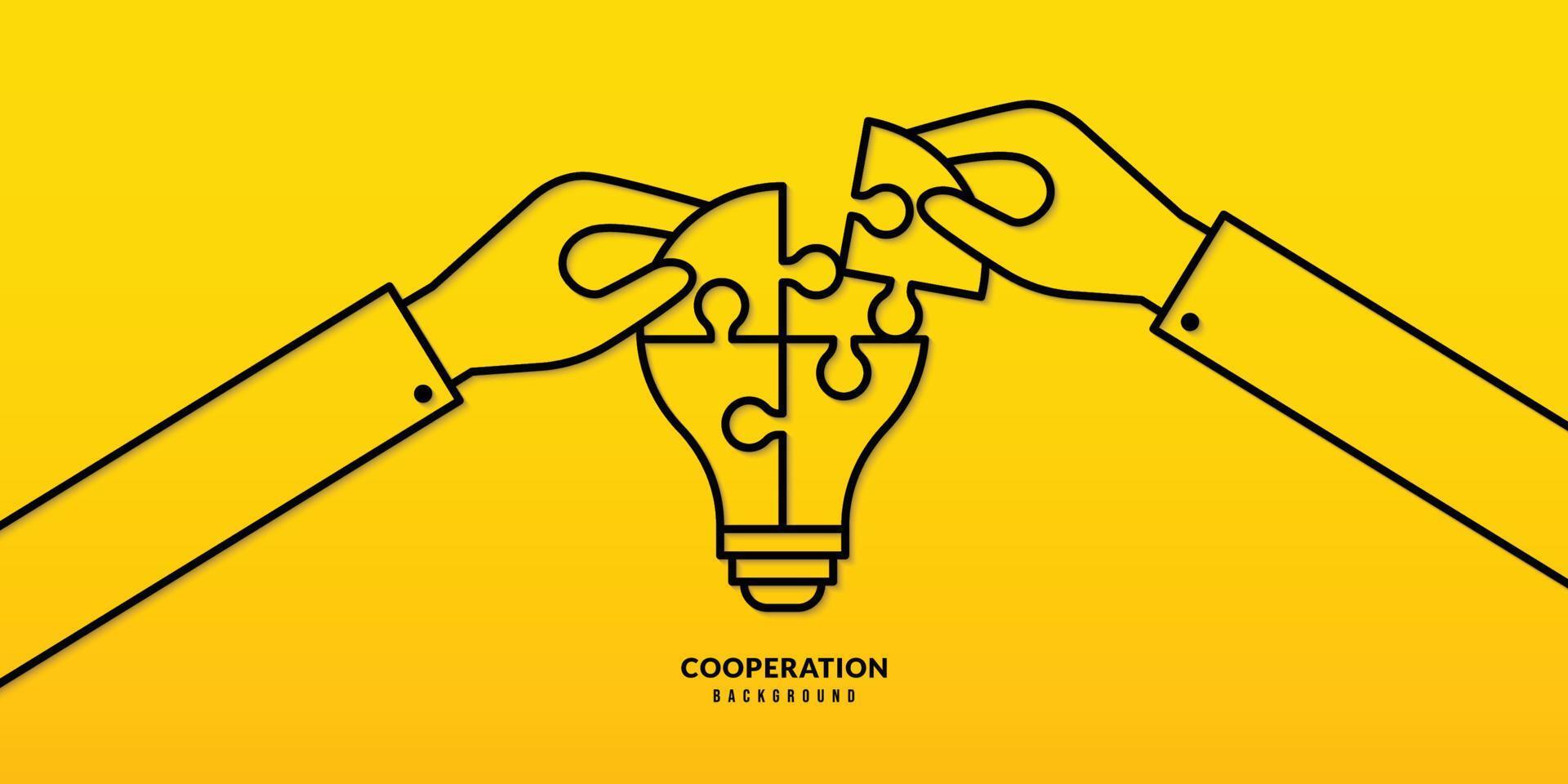 mano sostenga la bombilla del rompecabezas sobre fondo amarillo, soluciones comerciales, cooperación y trabajo en equipo. idea y concepto de éxito vector