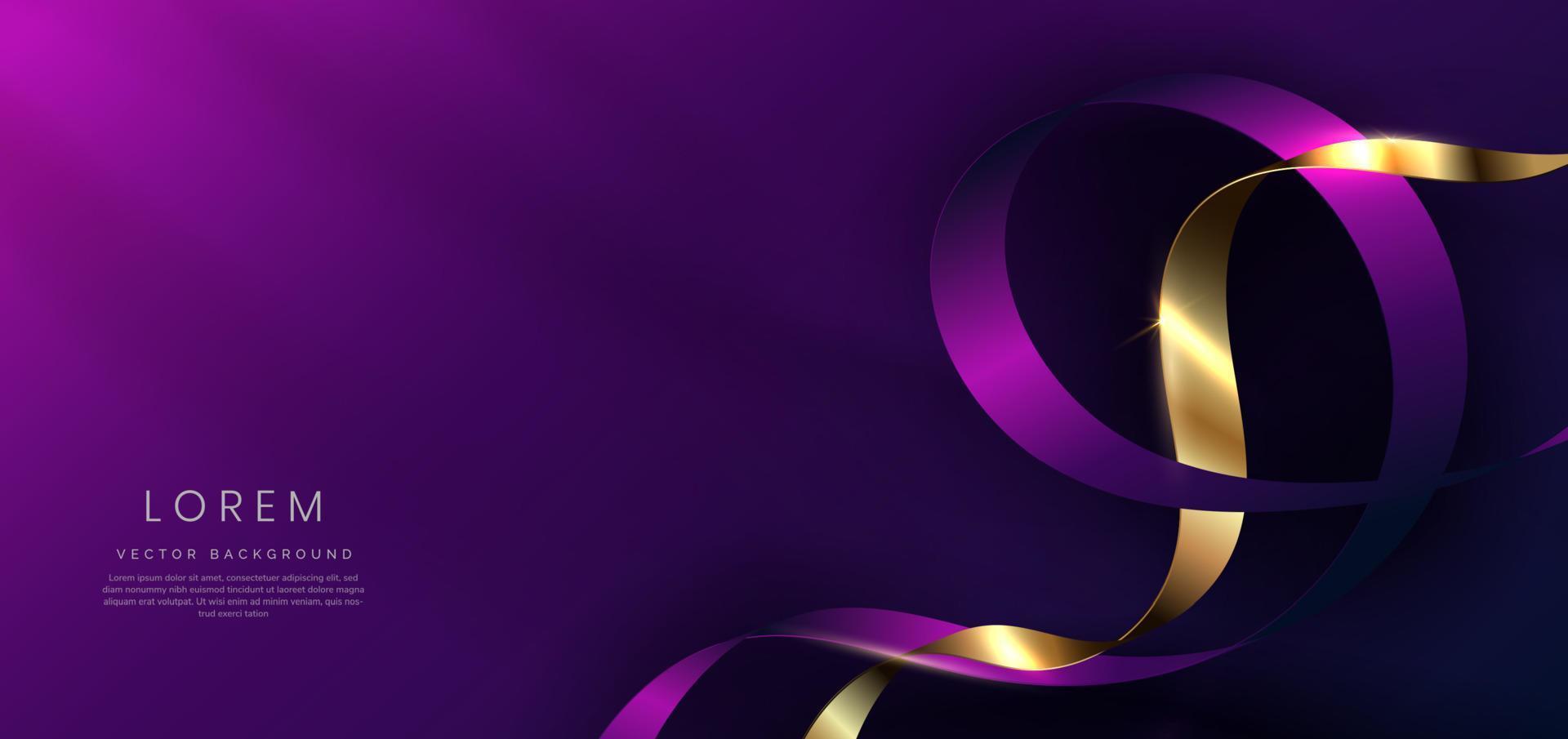 Abstract 3d gold curved ribbon on purple and dark blue background with lighting effect and sparkle with copy space for text. Luxury design style. vector