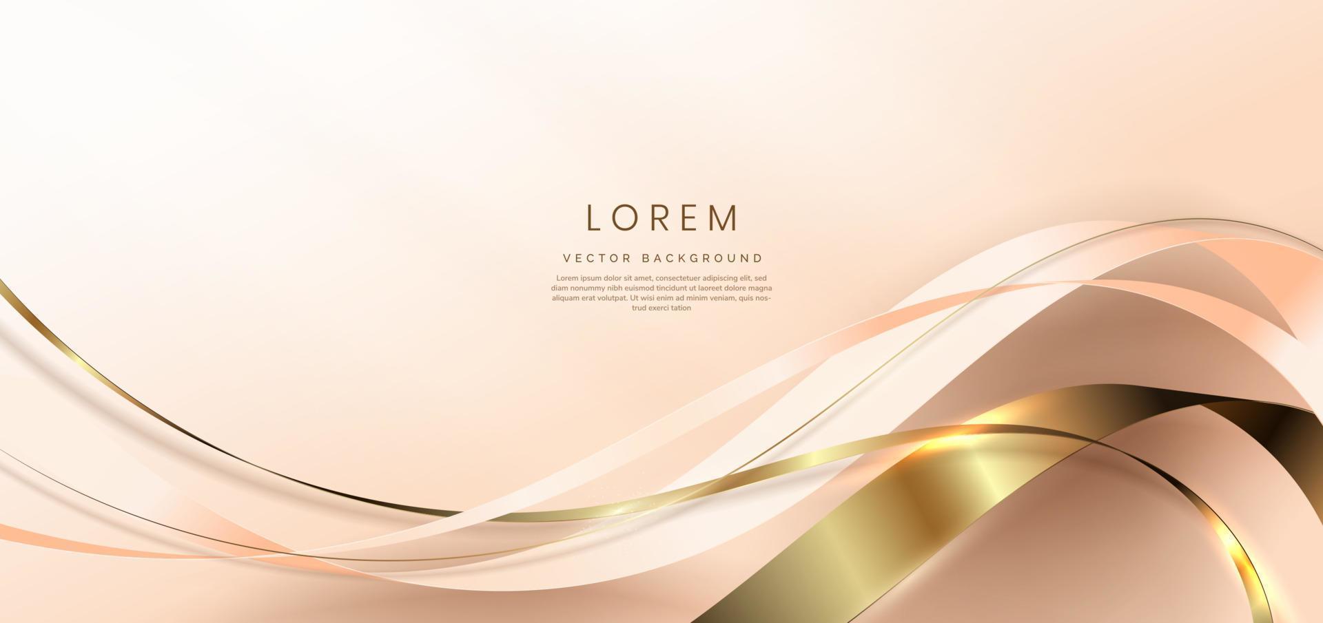 Abstract 3d gold curved ribbon on rose gold background with lighting effect and sparkle with copy space for text. Luxury design style. Vector illustration