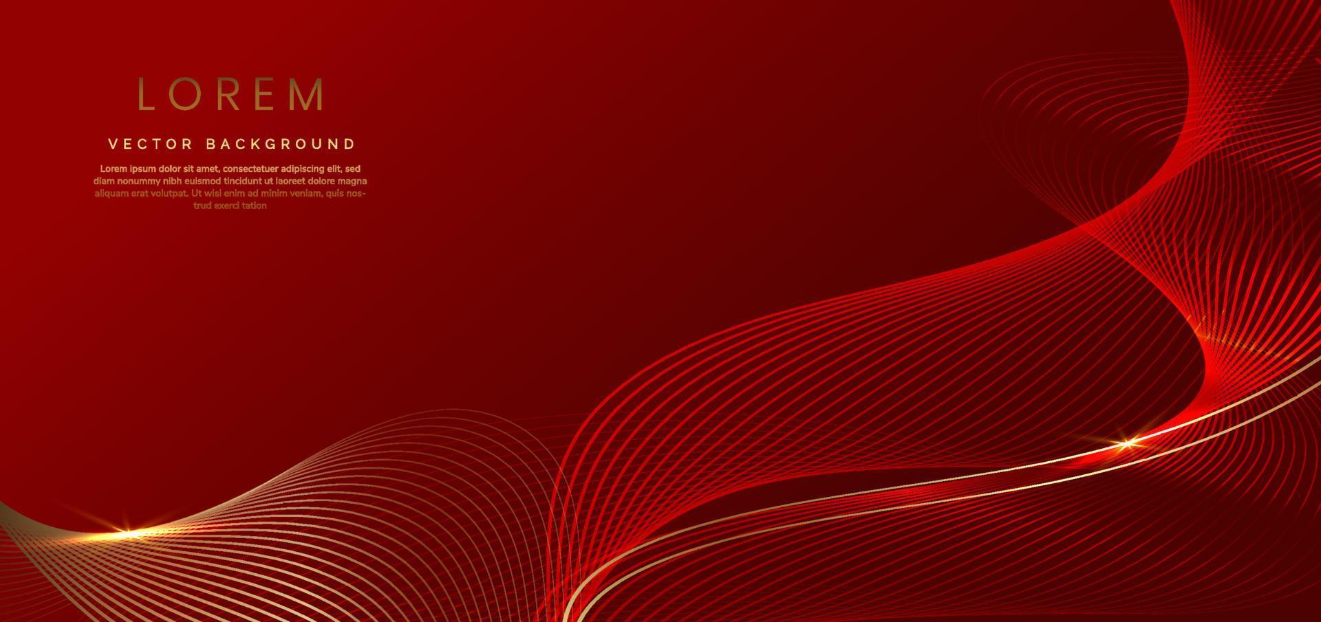 Abstract luxury golden lines curved overlapping on dark red background. Template premium award design. vector