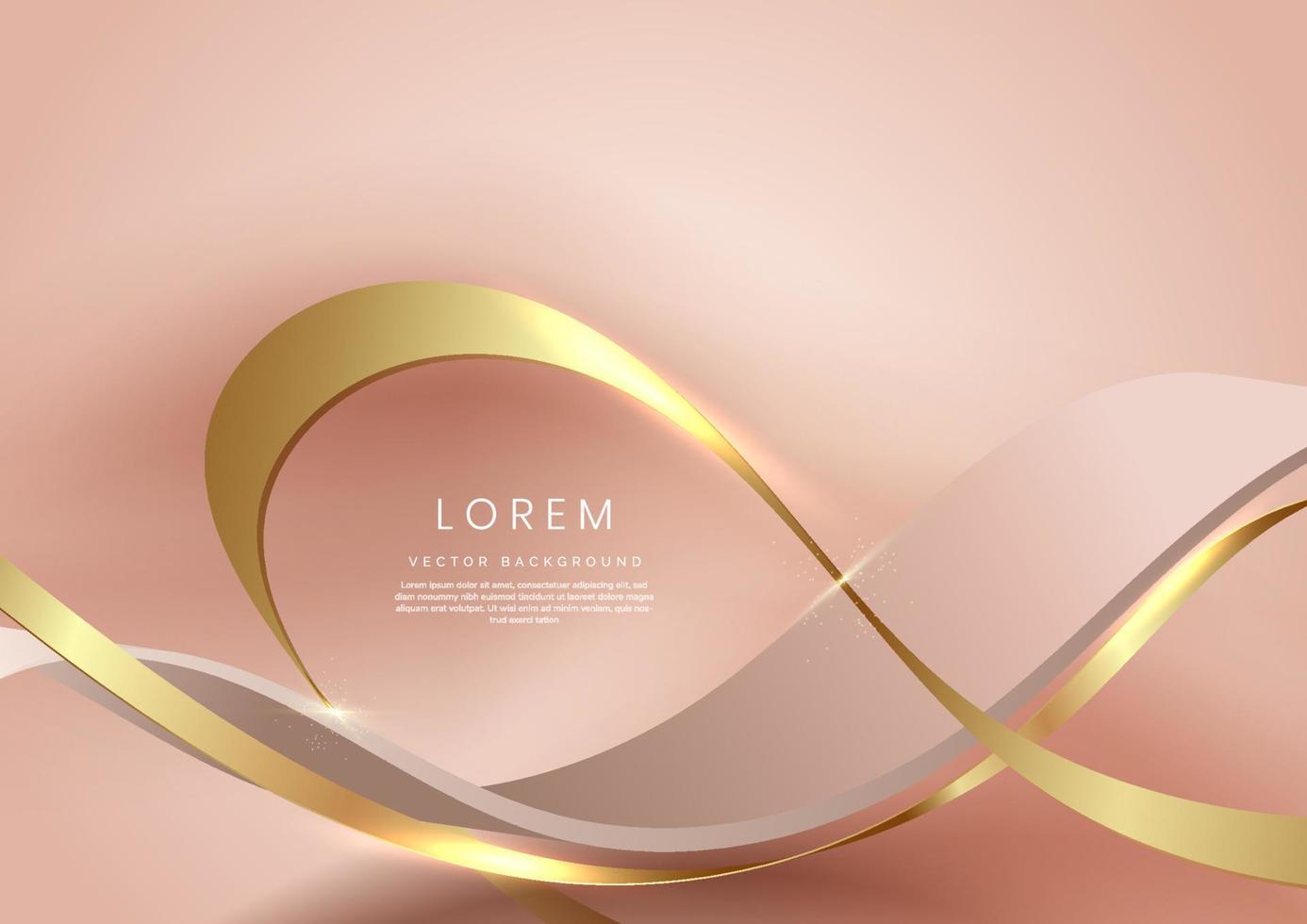 Abstract 3d gold curved ribbon on rose gold background with lighting effect and sparkle with copy space for text. Luxury design style. vector