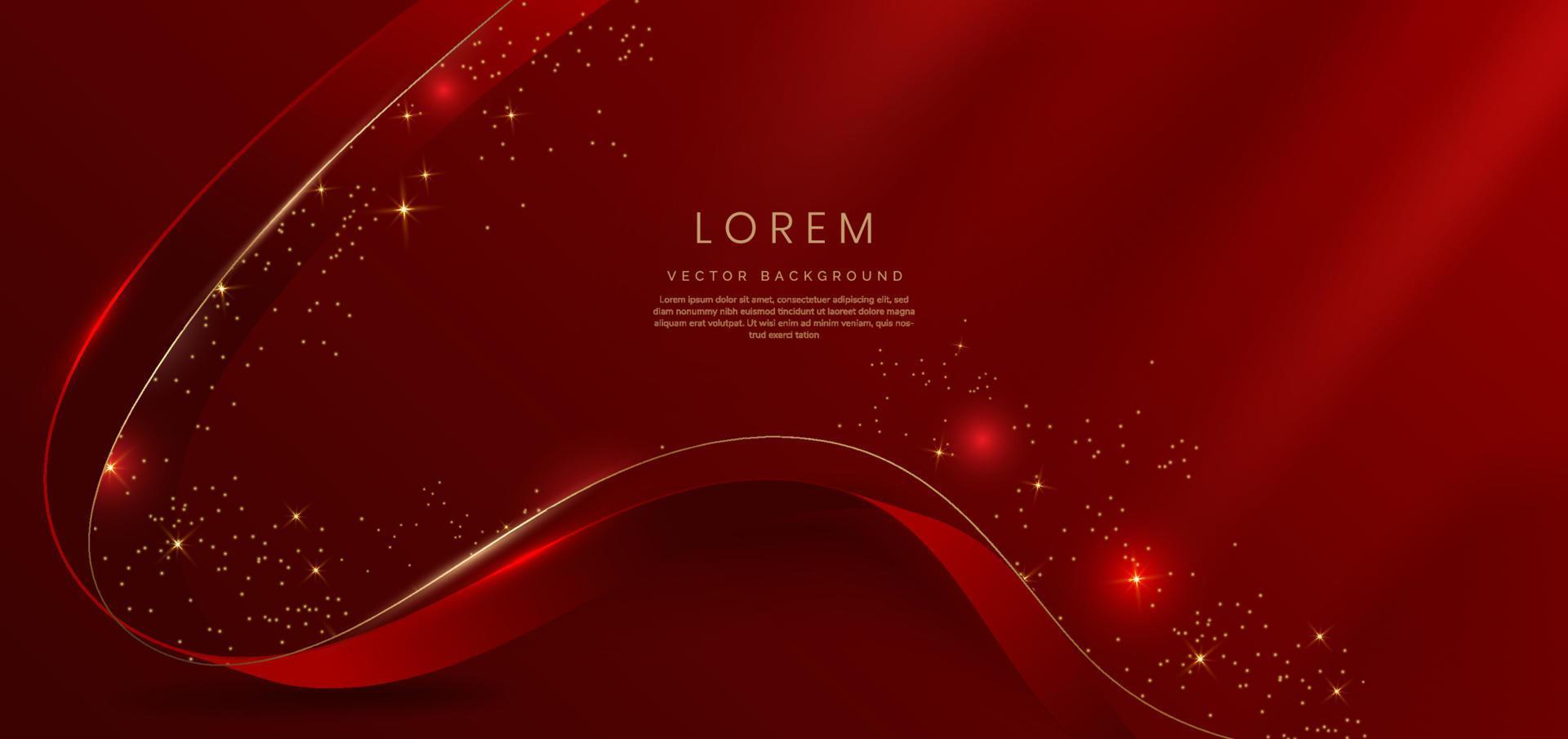 Abstract 3d gold curved red ribbon on red background with lighting effect and sparkle with copy space for text. Luxury design style. vector