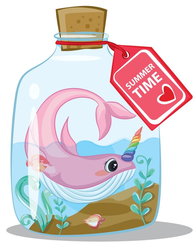 ilustraciones marinas. pequeño narval rosa de dibujos animados lindo en botellas ilustración de dibujos animados para las vacaciones de verano. vector