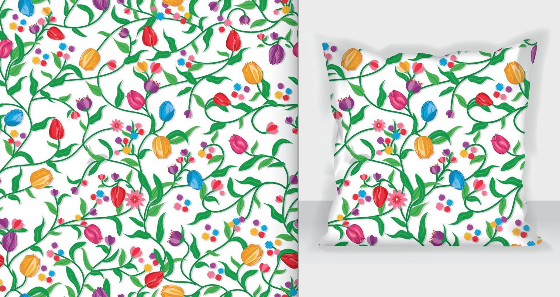 tulips colorful flowers pattern with Square pillow mockup. vector