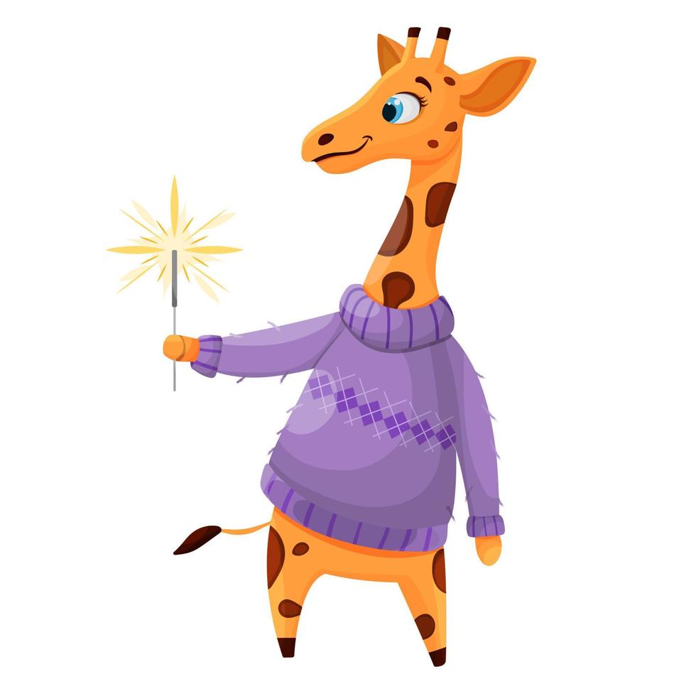 Cute giraffe with a sparkler. Vector cartoon illustration. Premium vector.