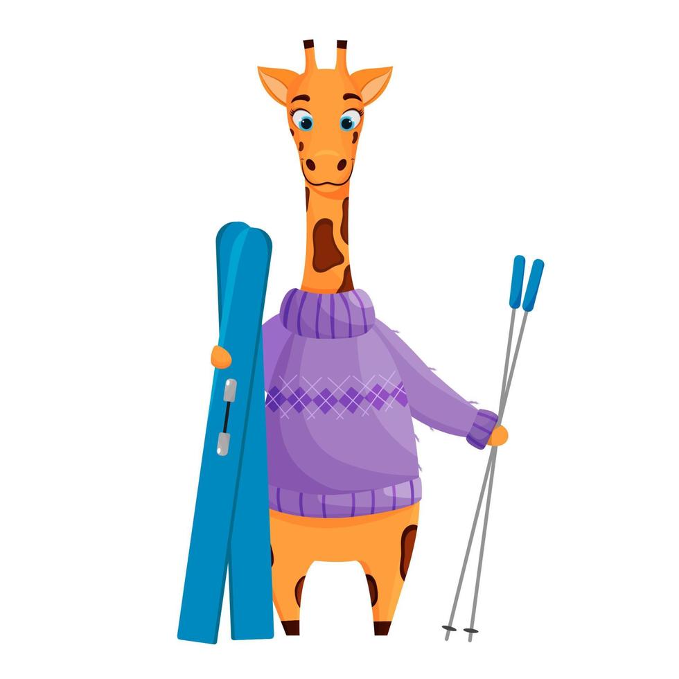 Cute giraffe with skis. Vector cartoon illustration. Premium vector.
