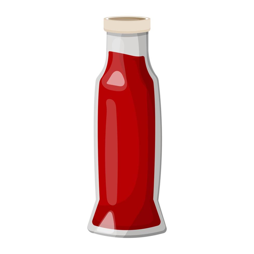 A glass bottle with ketchup. Traditional tomato sauce isolated on a white background. Vector cartoon icon.