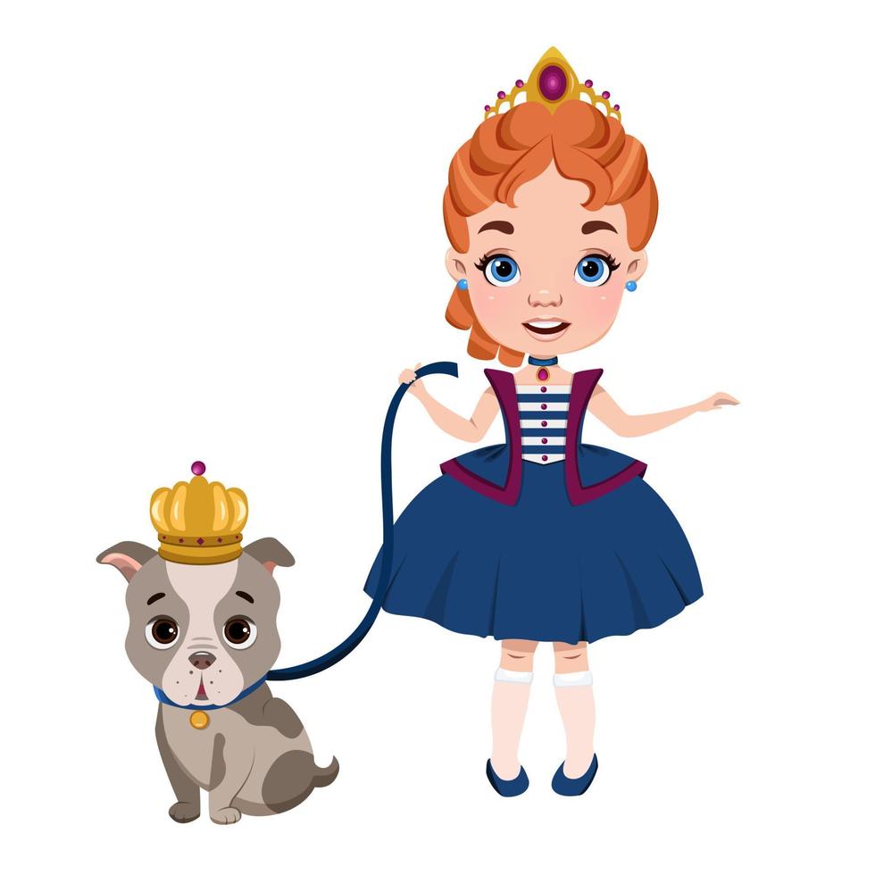 Cute little princess with a dog. Vector illustration on an isolated white background. Cartoon clipart for T-shirts, postcards, room decor, poster.