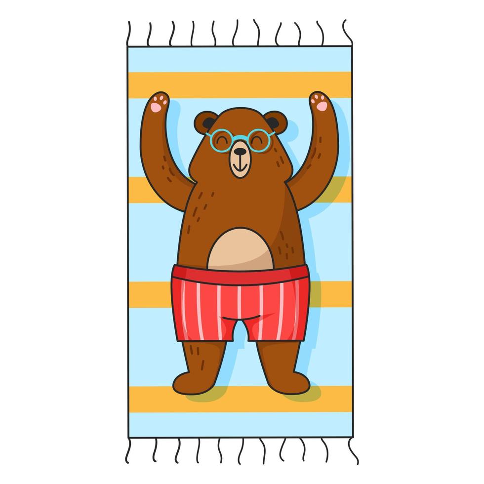 Funny cute bear in sunglasses on a beach towel. Vector isolated character with a summer theme for postcards, T-shirts, notebooks and for childrens themes.