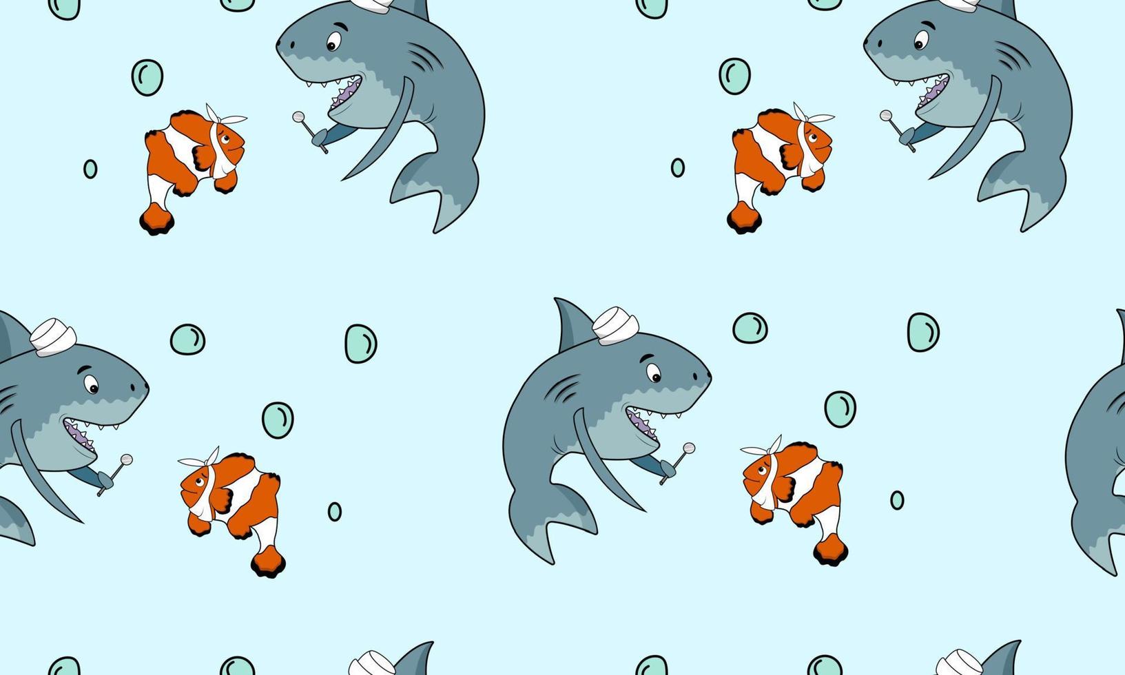 Seamless pattern with a shark and a small clown fish on a blue background. Vector illustration. Cartoon dentist shark. Baby seamless pattern for a medical theme.