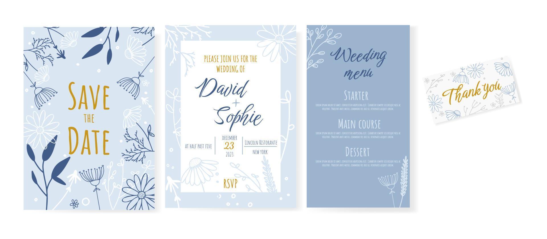 tarjeta de invitación de boda con flores, guardar la fecha, gracias, plantilla rsvp. vector. estilo garabato vector