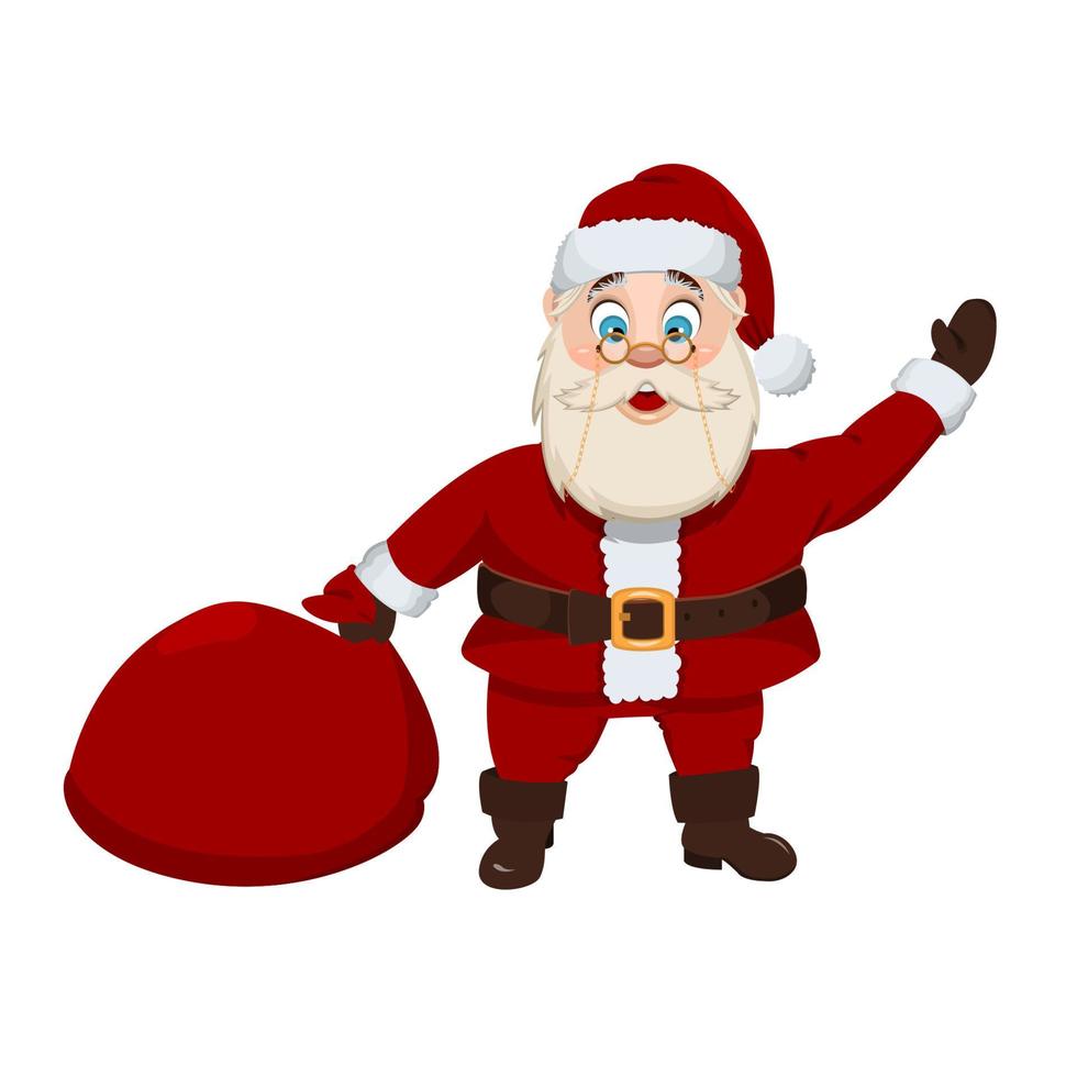 Christmas vector cartoon illustration isolated on white background. Santa Claus waves with a bag of gifts. Santa in a red suit. For Christmas cards, banners, tags and labels.