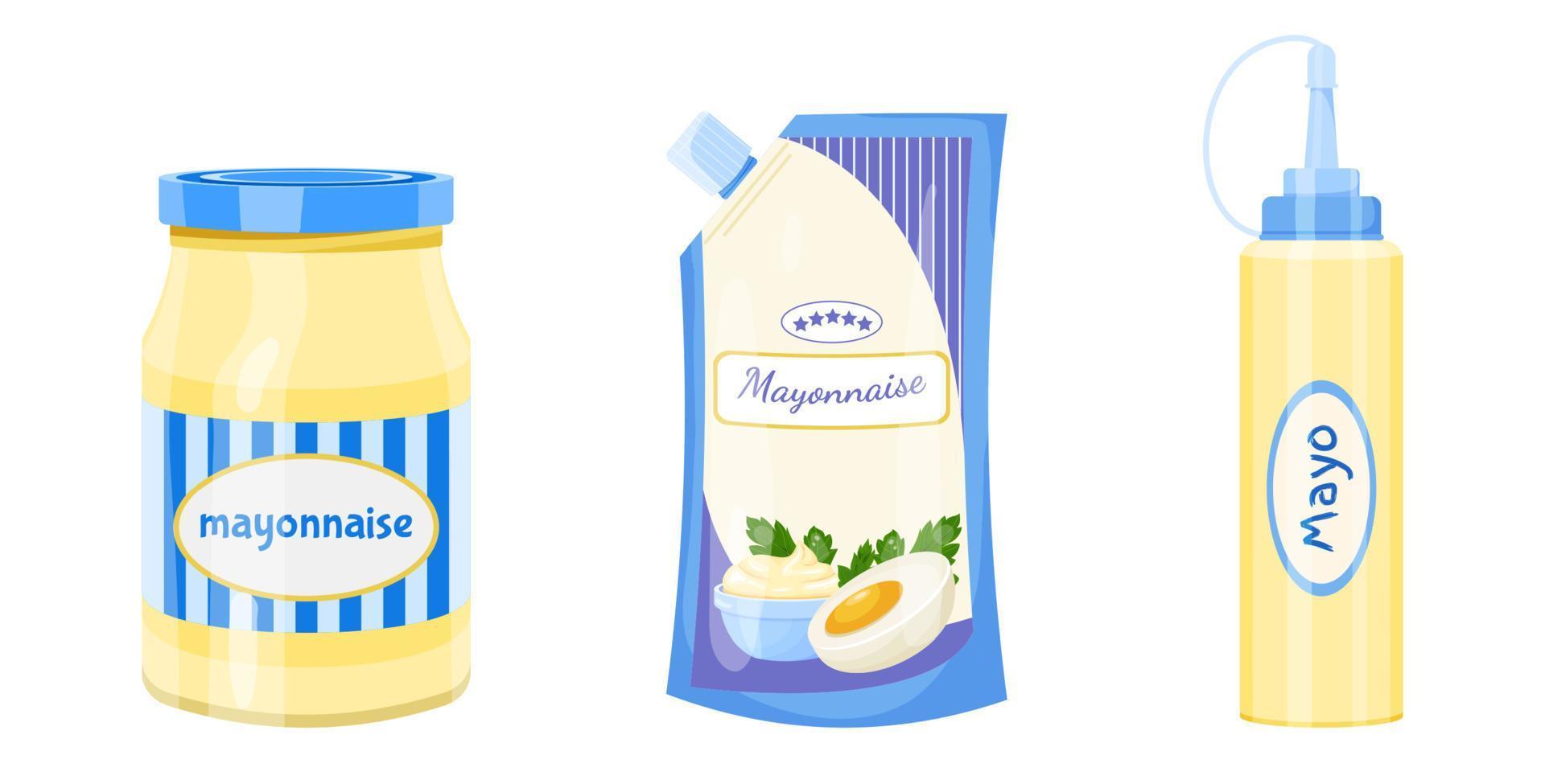 Cartoon set of bottle, jar and bag with mayonnaise. Bottle with cheese sauce. Plastic pack. Vector jar isolated on a white background for games, banner and menu fast food restaurants.