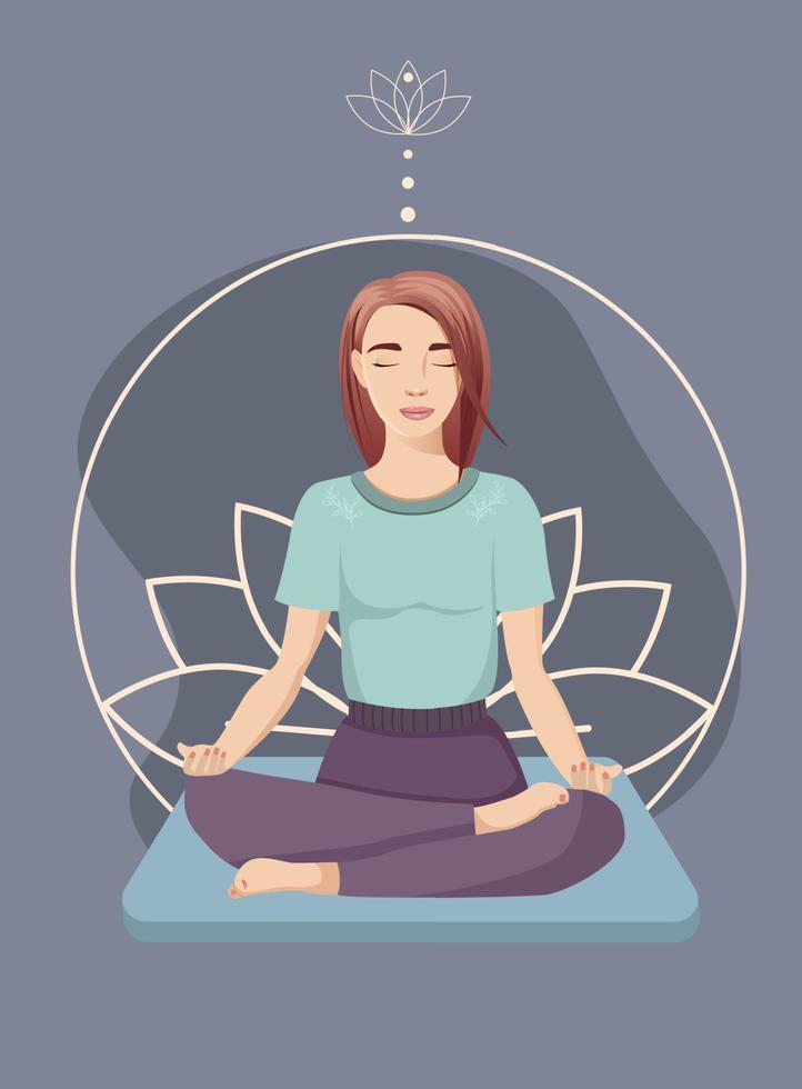 hermosa mujer joven sentada en posición de loto. concepto de yoga, saludable y tranquilo. vector