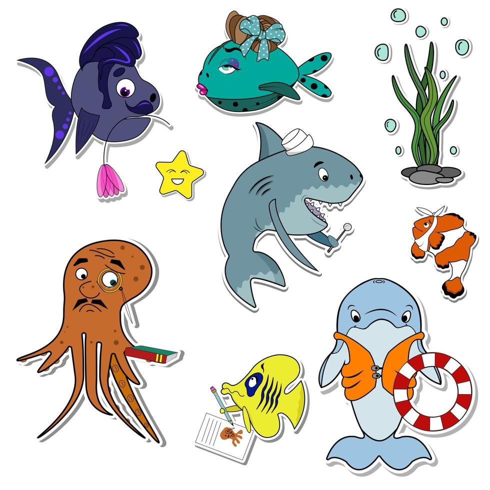 Stickers set undersea world. Cartoon animals of the ocean. Premium vector