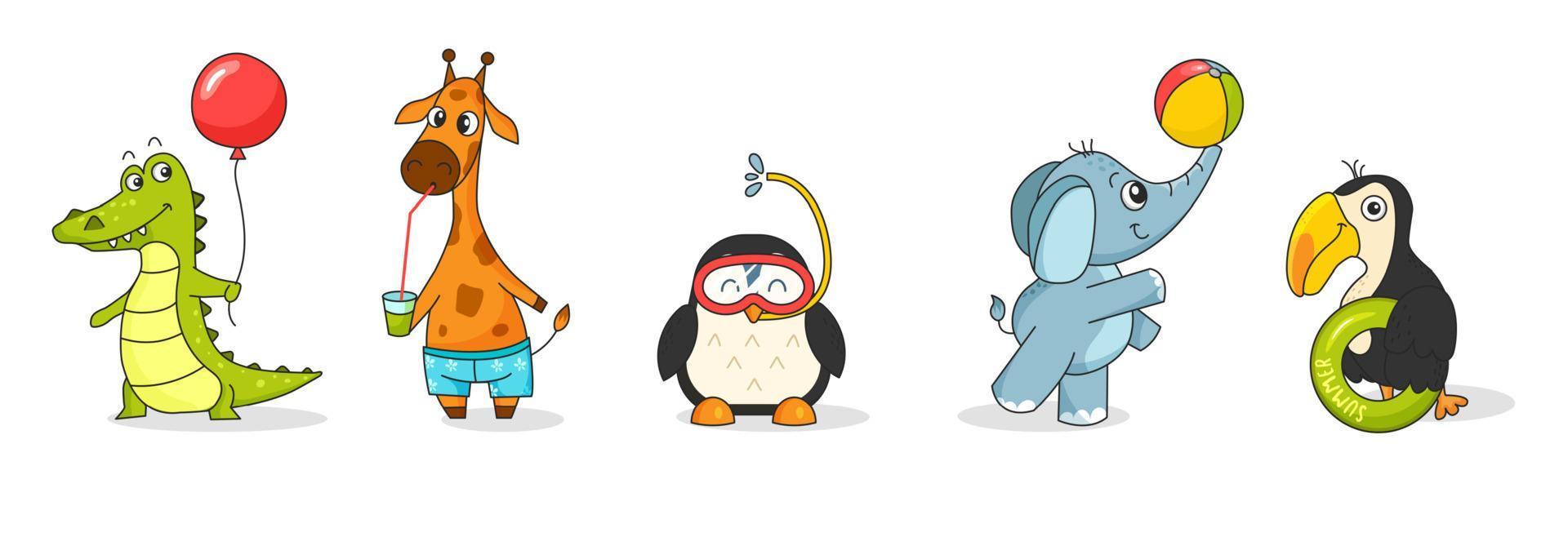 conjunto de divertidos animales de dibujos animados de verano. cocodrilo, jirafa, pingüino, elefante y tucán. personajes vectoriales aislados con un tema de verano para postales, camisetas y cuadernos. vector