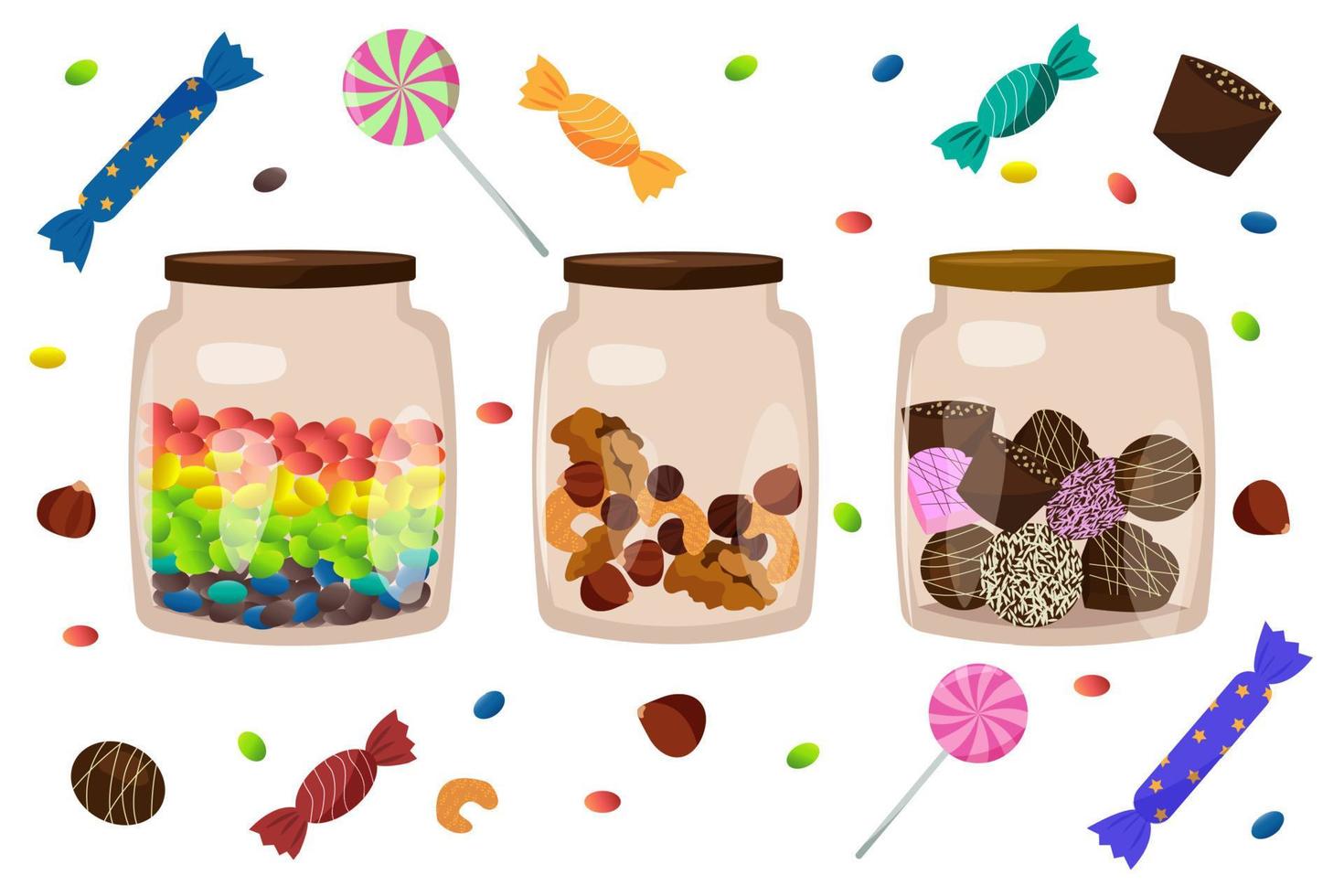 un conjunto de tres frascos de vidrio con bolas de azúcar, varios frutos secos, chocolates, piruletas. dulces para niños vector