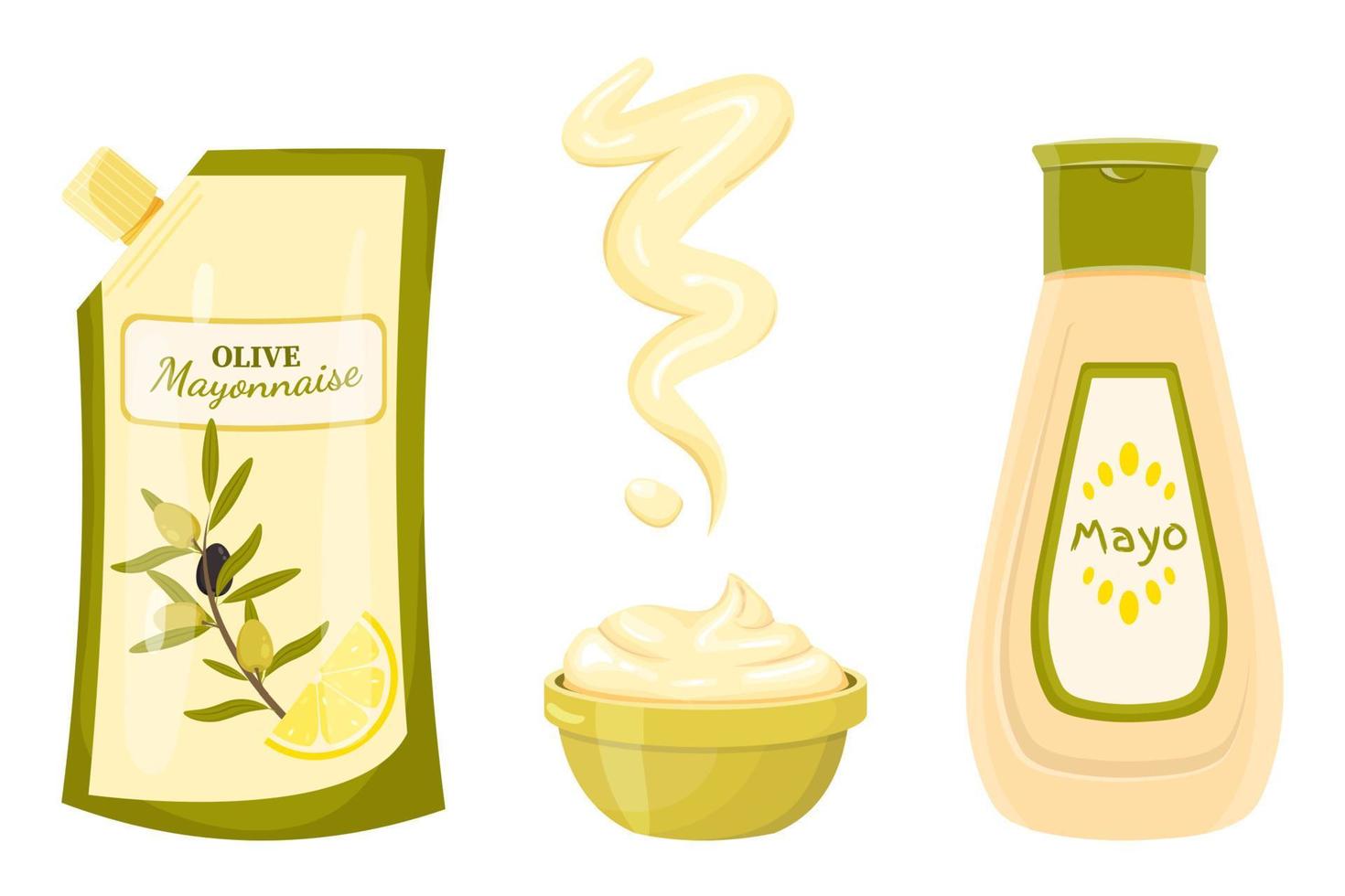 A set of olive mayonnaise in plastic bag and bottle, mayonnaise in a bowl, splash of mayonnaise. A set of barbecue sauce, picnic, apps, games, banner, advertising, fast food restaurant. vector
