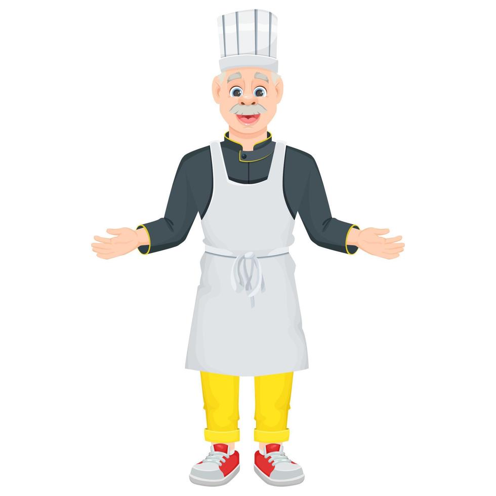 A cartoon male chef greets guests with outstretched arms. A smiling old chef isolated on a white background. Vector illustration for menus, games or banners.