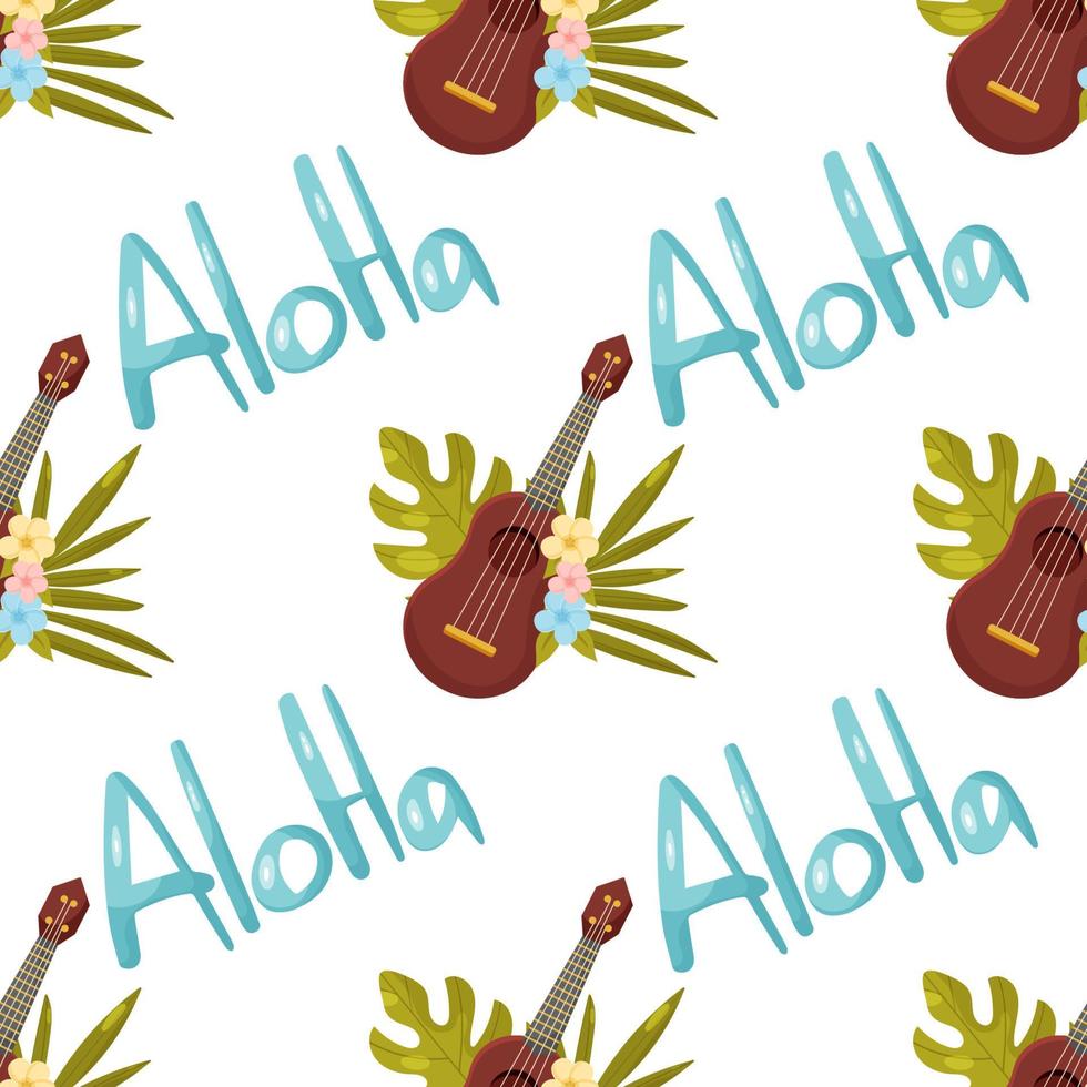 Hawaiian seamless pattern with tropical leaves, plumeria flower, Ukulele and lettering Aloha. Colorful summer pattern. Vector cartoon illustration for packaging, textiles, decorative paper.