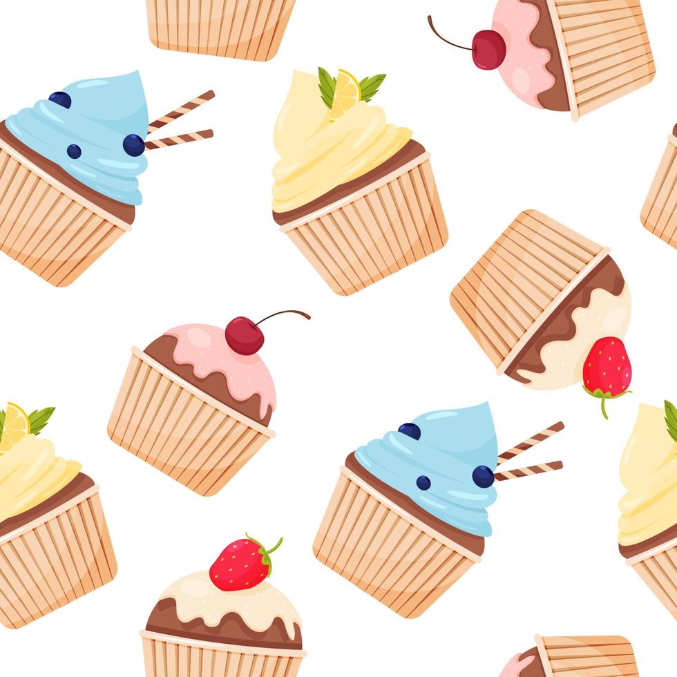 Seamless pattern with various cartoon cupcakes with fruit and cream. Strawberry, lemon, cherry, blueberry cupcake. Vector illustration for kitchen textiles, notepad and other purposes.