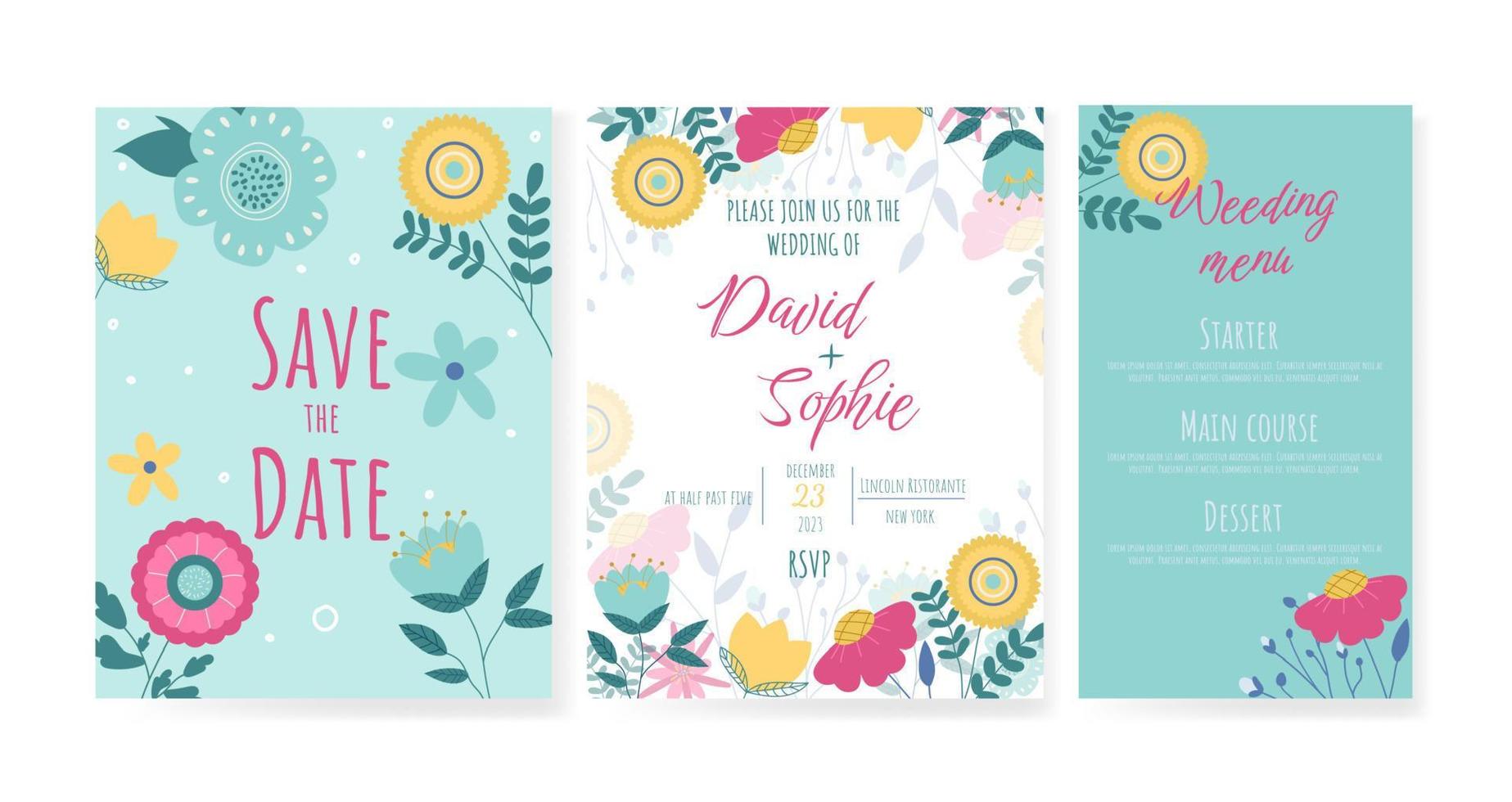 tarjeta de invitación de boda con flores, guardar la fecha, gracias, plantilla rsvp. vector. estilo garabato. vector