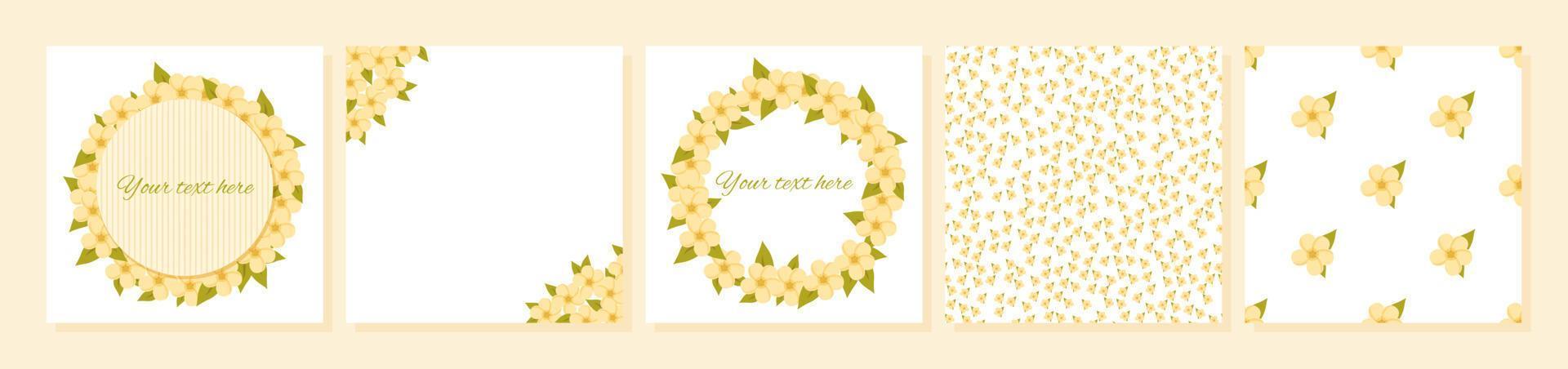A set of cards with plumeria flowers with a place for the text. Circular frame and patterns with Frangipani. Vector for greeting cards, wedding invitations, textile, decorative paper.
