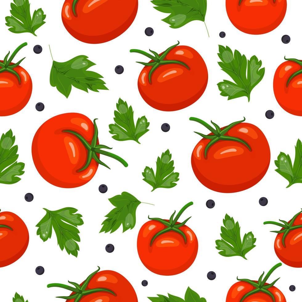 patrón vectorial sin costuras con tomates rojos, perejil y pimienta negra en el fondo blanco. ilustración para envolver, textil de cocina o papel tapiz. vector