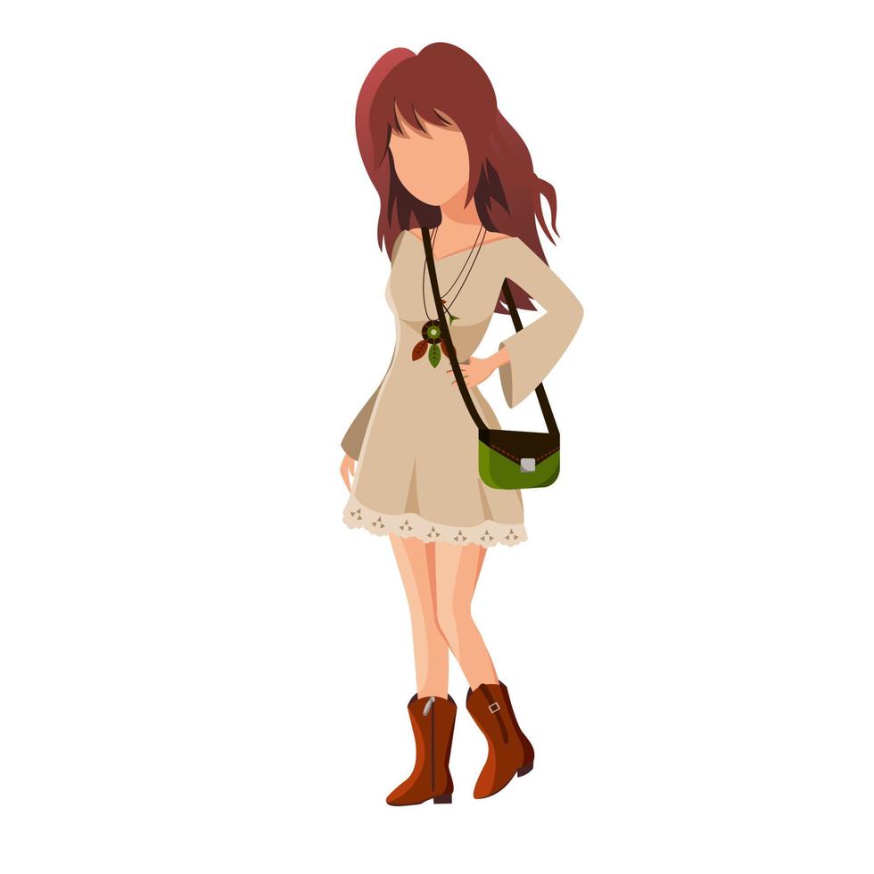 Fashionable outfit in boho style. A woman in a fashionable boho-chic outfit. Vector illustration on an isolated white background.