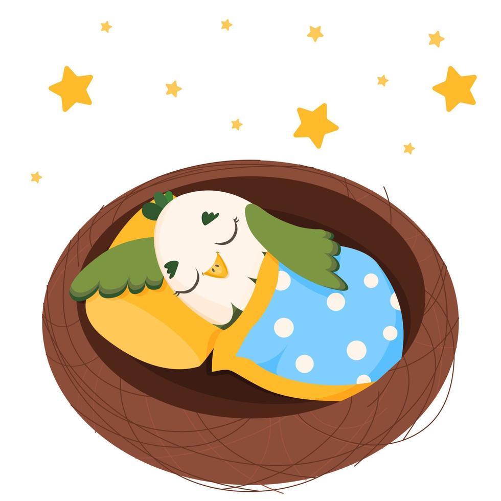 The bird sleeps sweetly in the nest. Vector illustration on a white background. Premium vector.
