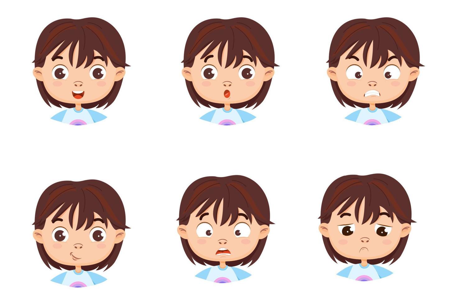 conjunto de la cara de una linda chica en diferentes emociones. ira, alegría, miedo, tristeza, sorpresa, sonrisa. ilustración de dibujos animados vectoriales aislada en un fondo blanco. vector