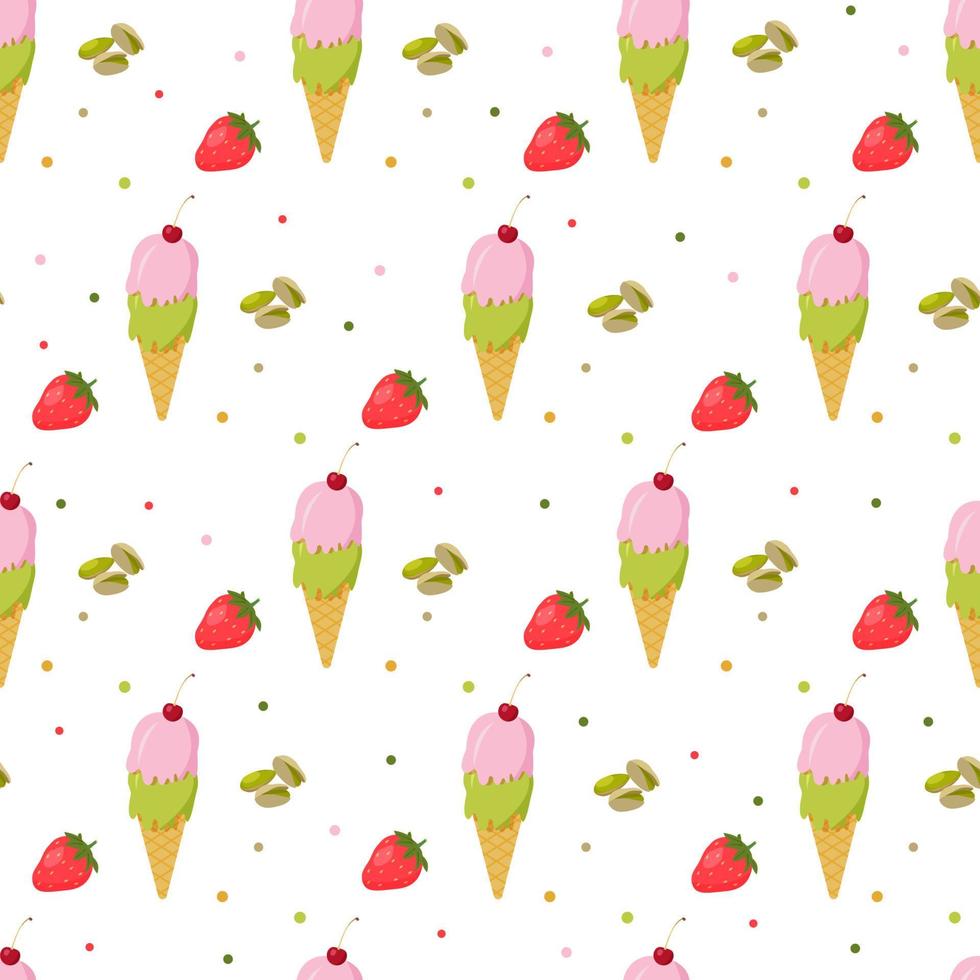 Ice cream cone seamless pattern in white background. Strawberry and pistachio ice cream. vector