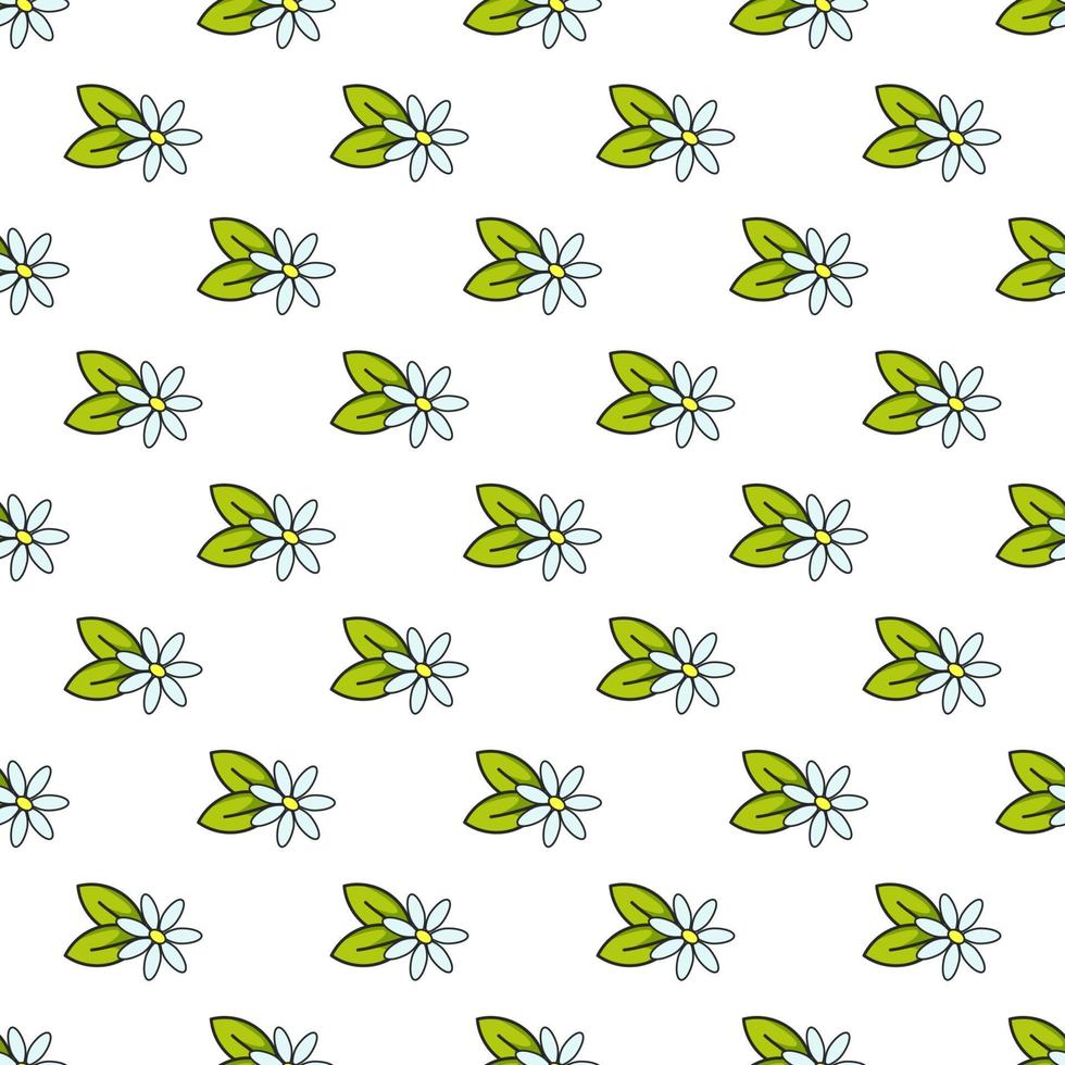 Vector simple seamless pattern with little white flowers and green leaves in cartoon infantile style. Illustration for wrapping, textile, wallpapers.