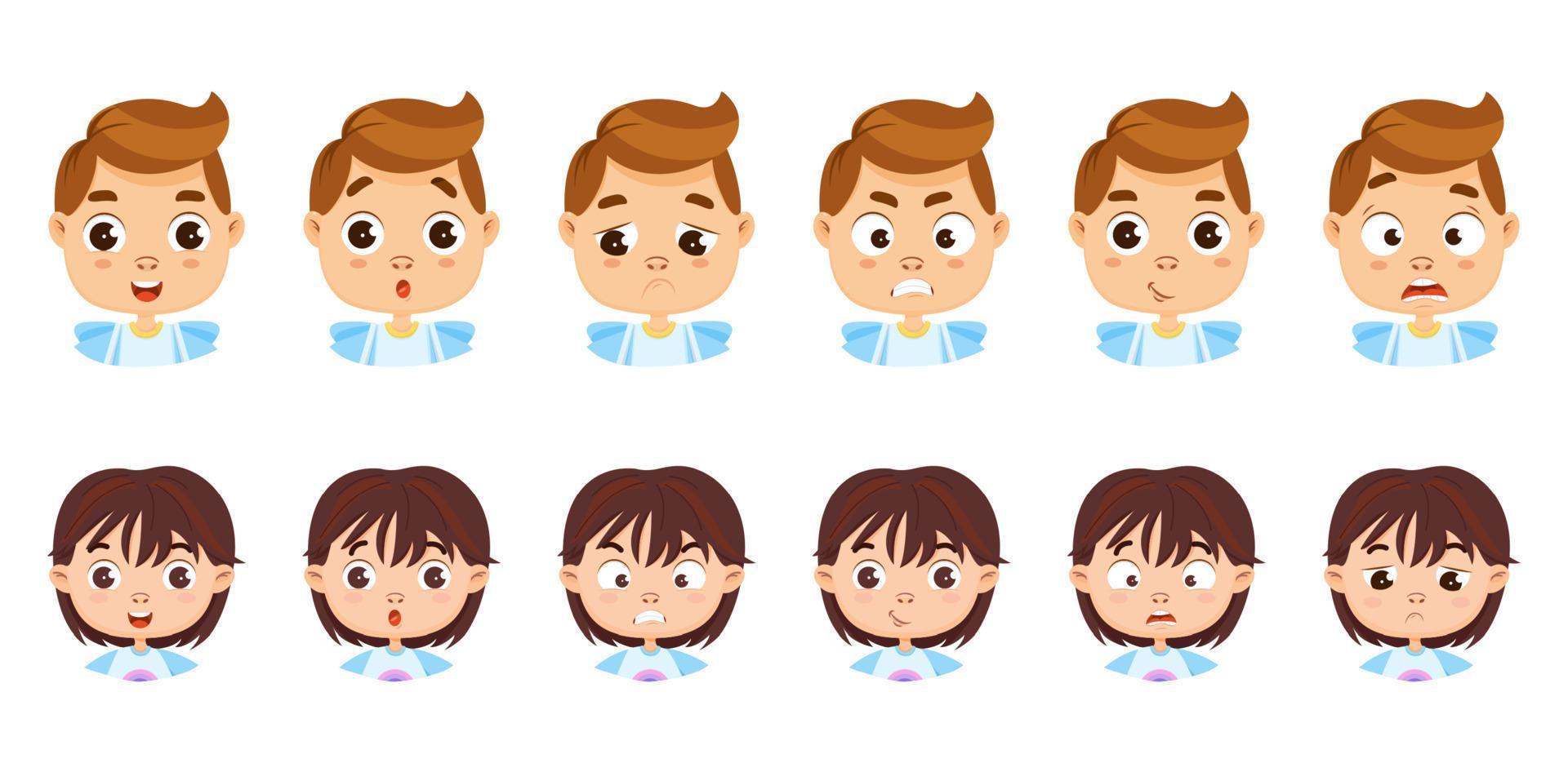 conjunto de niña y niño con diferentes emociones. ira, alegría, miedo, tristeza, sorpresa, sonrisa. ilustración de dibujos animados vectoriales aislada en un fondo blanco. vector