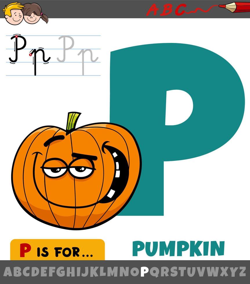letra p del alfabeto con carácter vegetal de calabaza de dibujos animados vector