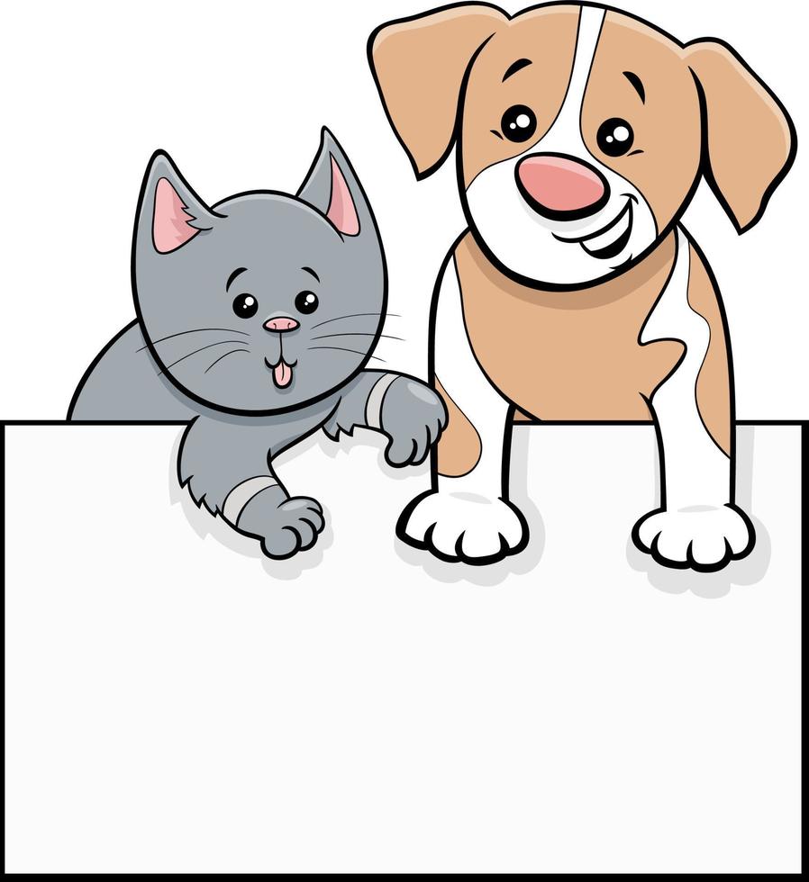 perro y gato de dibujos animados con diseño gráfico de singboard en blanco vector