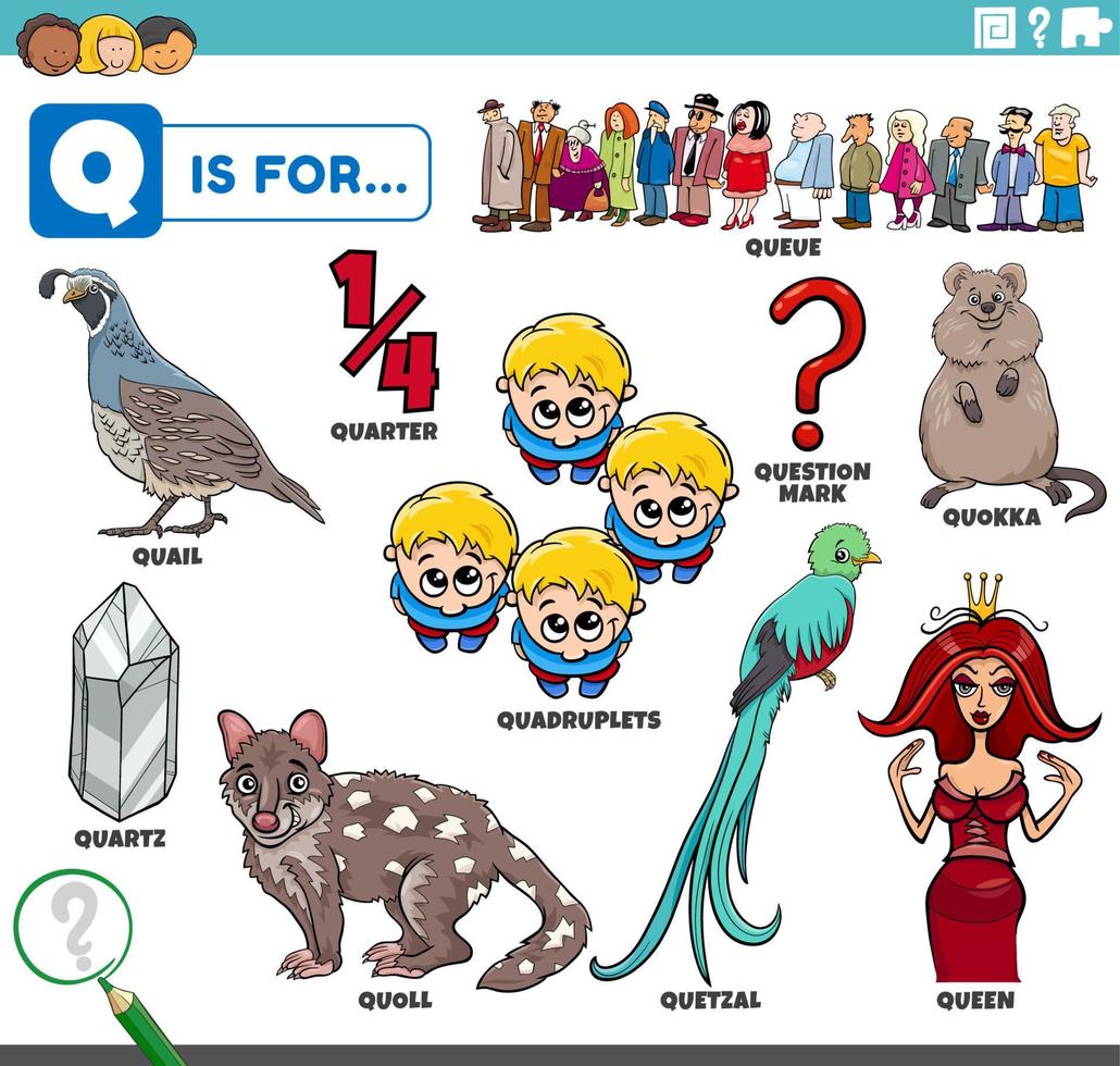letter q words educational set with cartoon characters vector