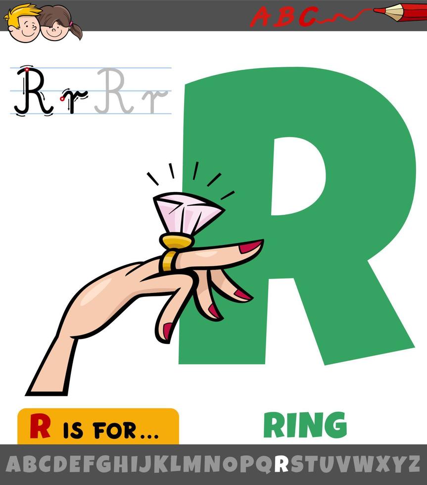 letter R worksheet with cartoon ring object vector