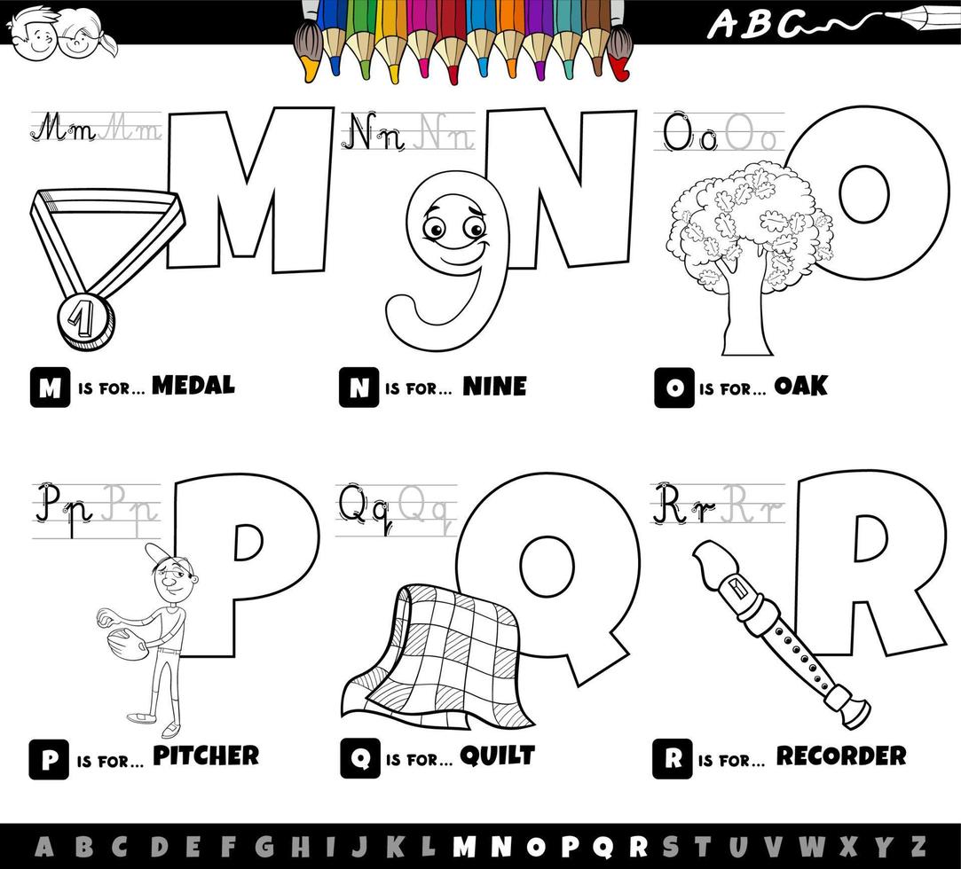 educational alphabet letters cartoon set from M to R coloring book page vector