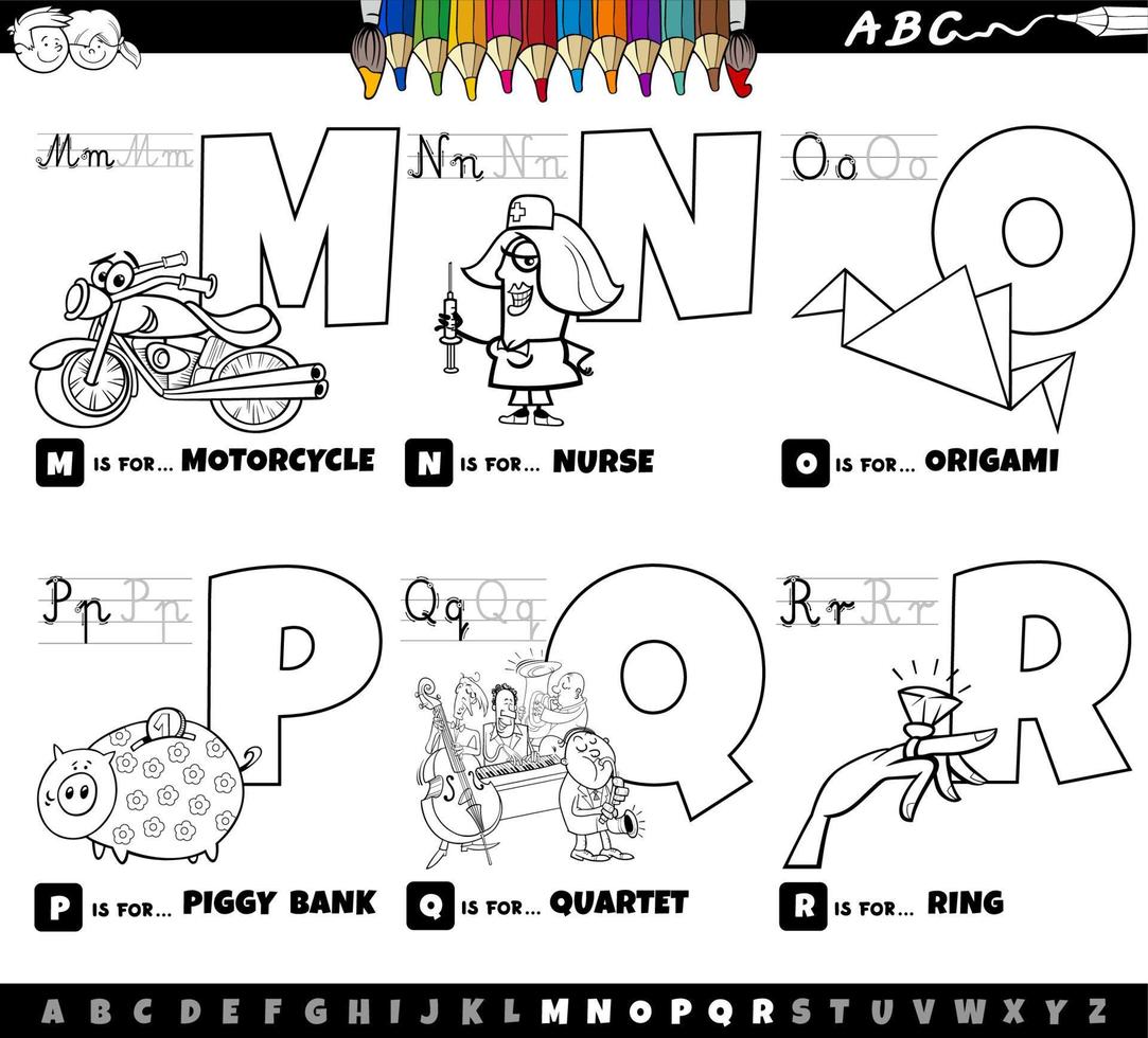 educational alphabet letters cartoon set from M to R coloring book page vector