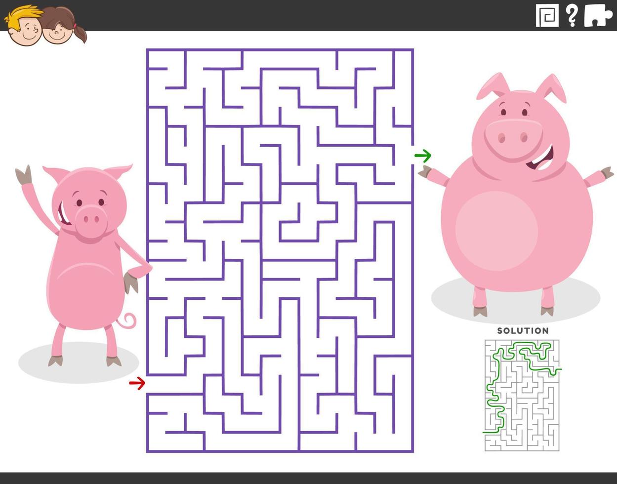 maze game with cartoon mother pig and little piglet vector