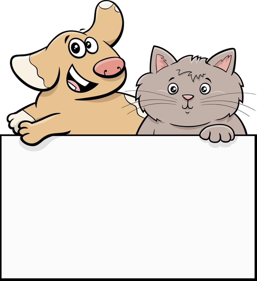 perro y gato de dibujos animados con diseño gráfico de tarjeta en blanco vector