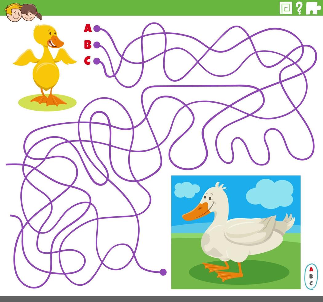 juego de laberinto con personaje de pato de dibujos animados y patito pequeño vector