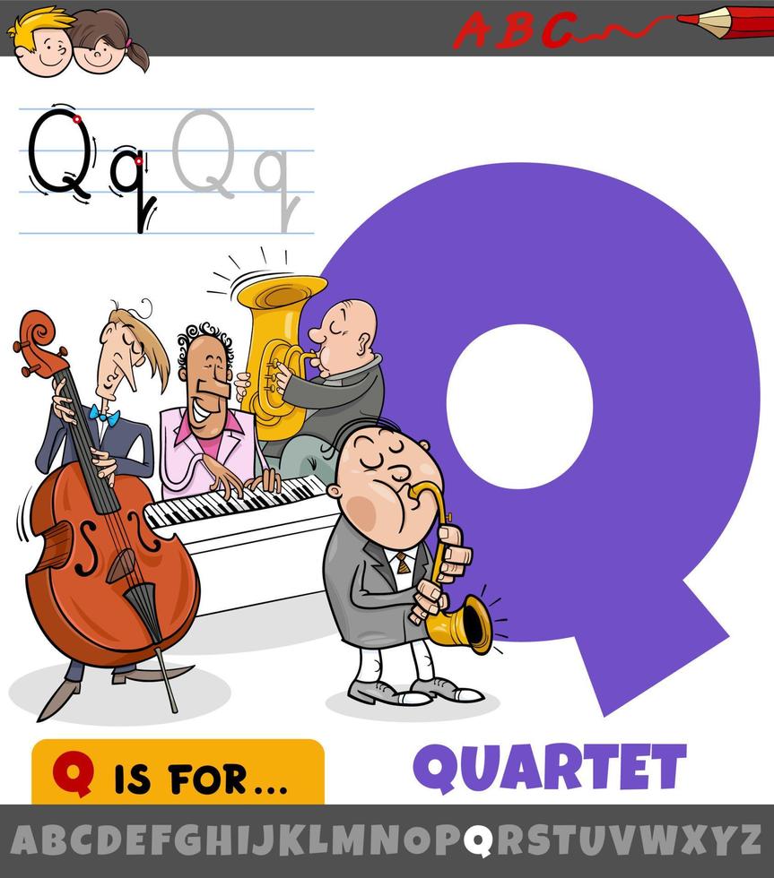 letter Q from alphabet with musical quartet cartoon vector