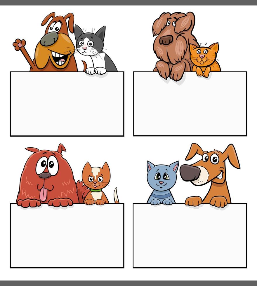 gatos y perros de dibujos animados con tarjeta en blanco o conjunto de diseño de tablero vector